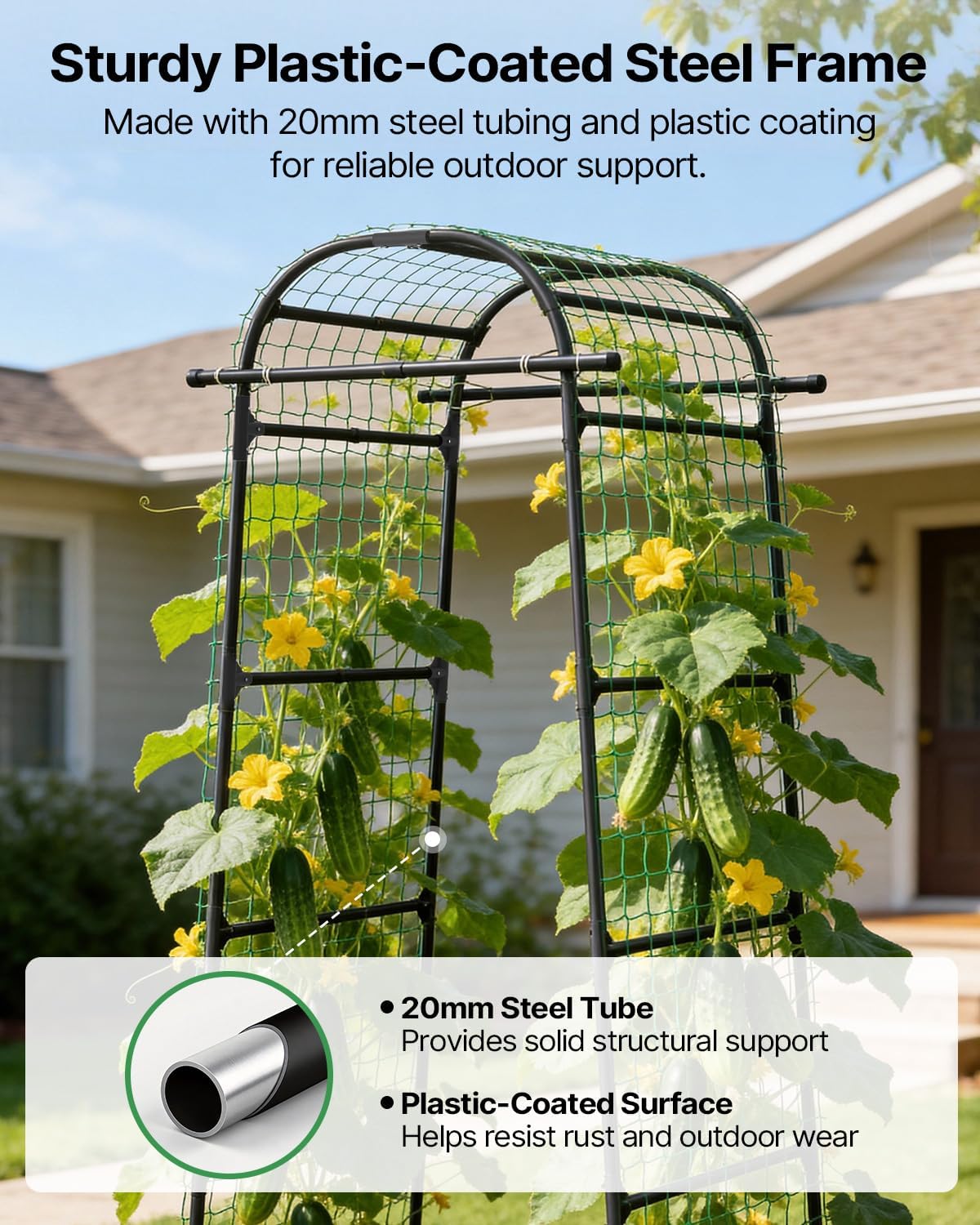 Suteck Garden Arch Cucumber Trellis – 85" Metal Garden Trellis Arch with Nylon Net for Climbing Vegetables, Vertical Plant Support for Raised Beds, Backyards & Patios, Ideal for Home Gardeners