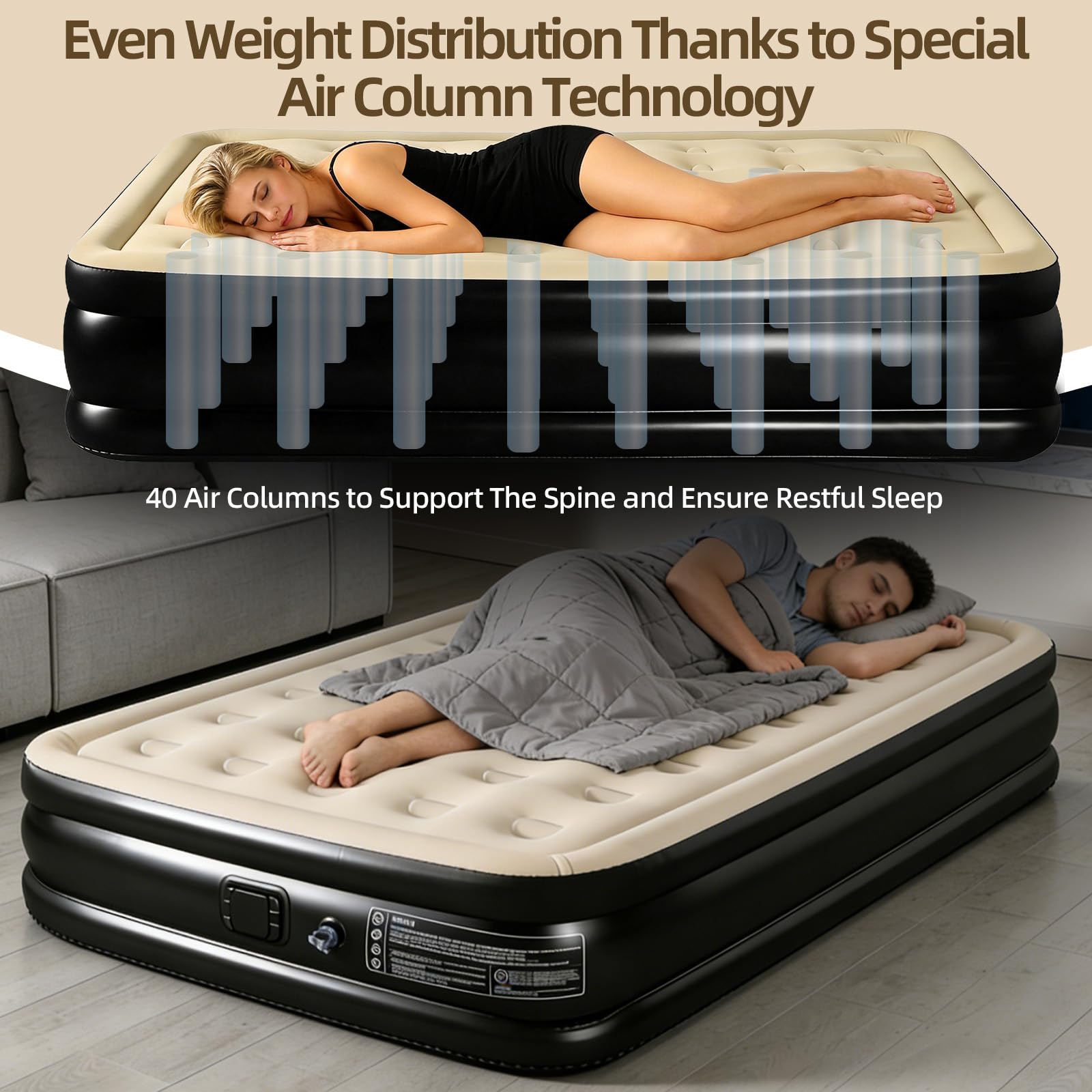 Colchón Hinchable Doble 200x150x40cm, Cama de Aire con Bomba Integrada Extraíble, Superficie Terciopelo Mejorada, Resistente a Pinchazos 300kg para Camping, Hogar, Viaje y Emergencias