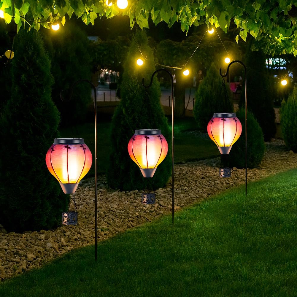 Starsoul Solar Hot Air Balloon Lantern with Flame Flamingo + Purple Hot Air Balloon Solar Lantern Hanging Garden Light Metal & Glass Waterproof Lanterns for Yard Patio Farmhouse Decoration