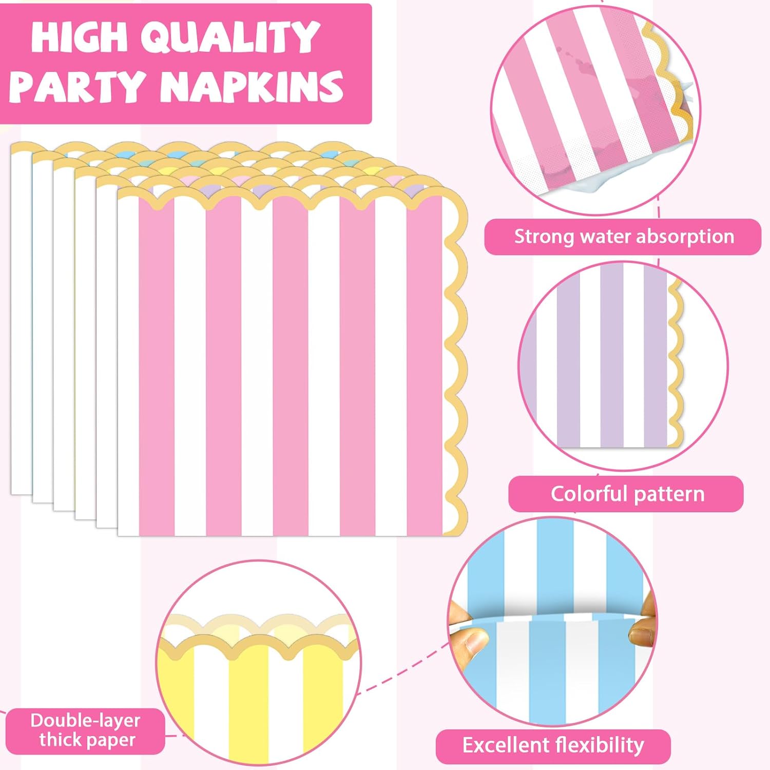 96Pcs Pastel Stripe Party Supplies Pastel Paper Plates Napkins Stripe Ice Cream Party Tableware Set Pastel Dinnerware for Girl Birthday Party Baby Shower Decoration Serve 24 (Scalloped)