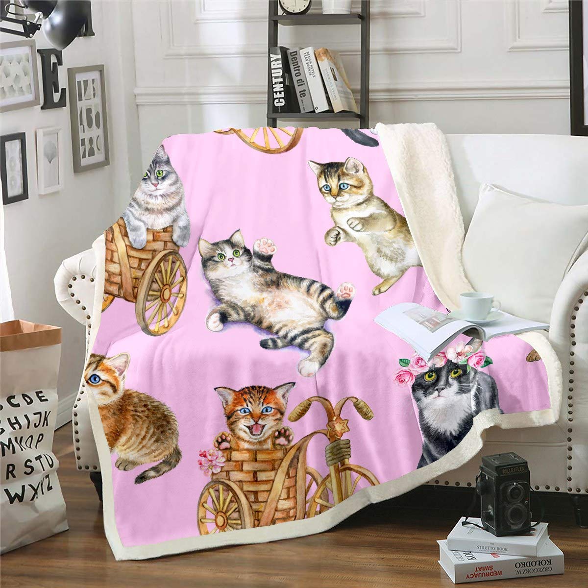 Loussiesd 3D Cat Throw Blanket for Kids Girls Cute Cat Printed Fleece Blankets Child Animal Theme Blanket Pet Cat Pattern Sherpa Blanket,for Crib Bed Sofa Couch Double 60x79 Inch