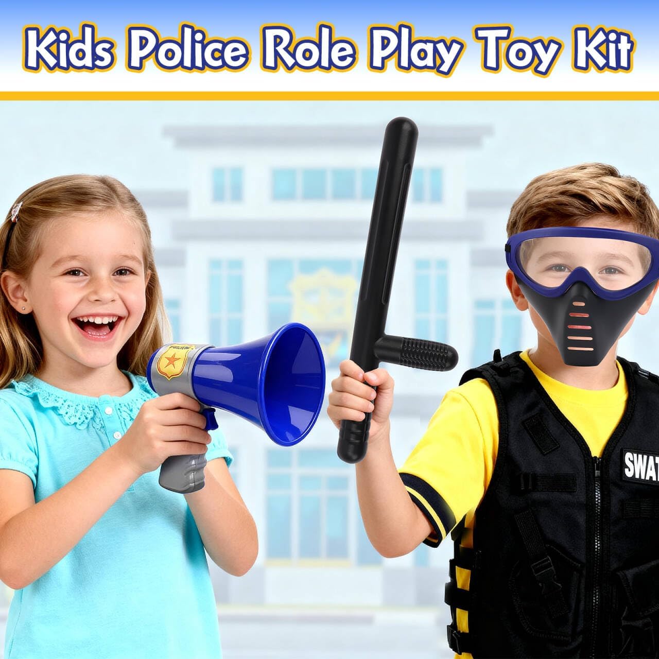 deAO Police Officer Costume for Kids Role Play Set with a Storage Backpack Vest Helmet Policeman Outfit Toys for Kids Halloween Birthdays Christmas Gift