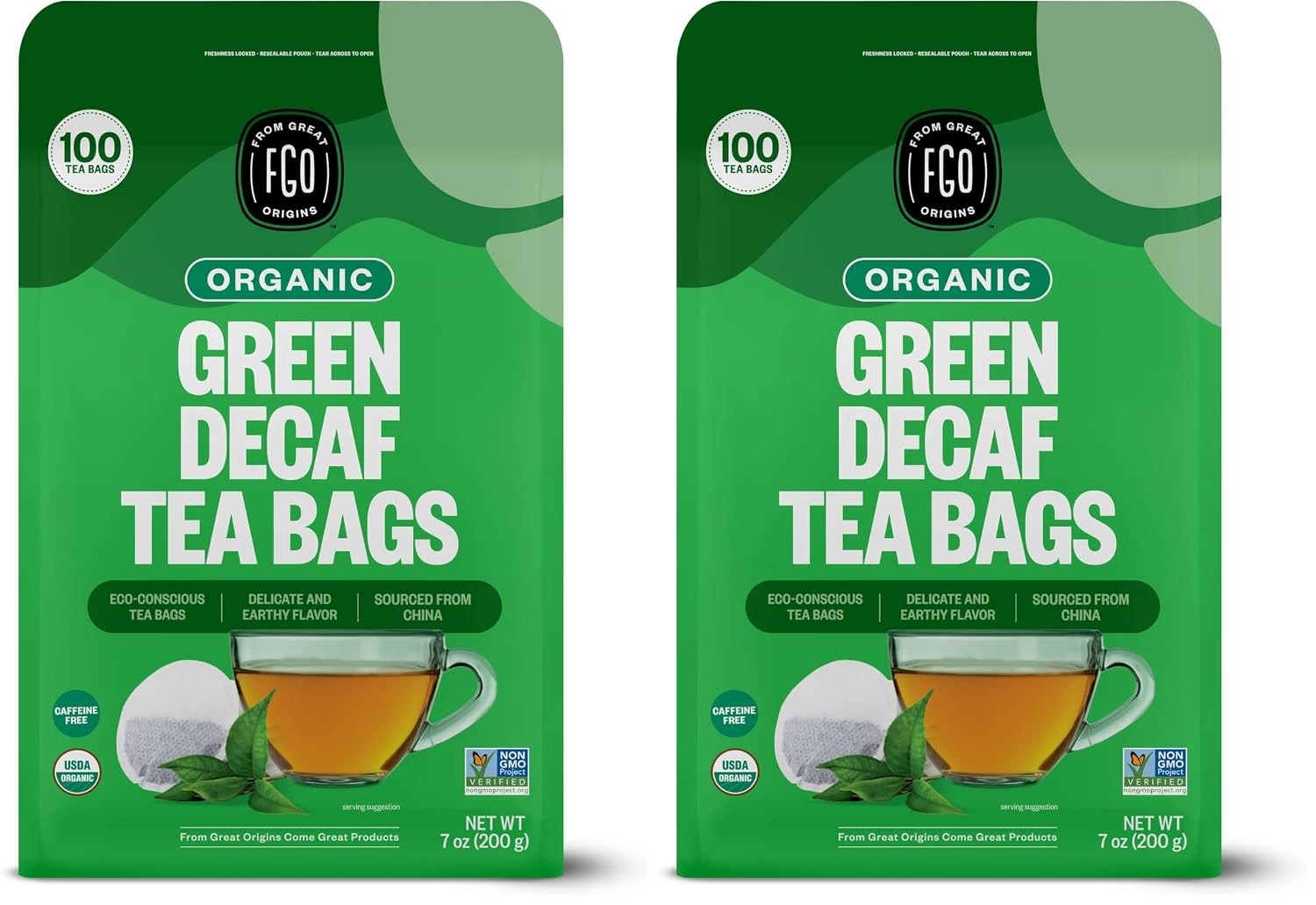 FGO Organic Green Decaf Tea, 100 Count, Eco-Conscious Tea Bags, Resealable Bag, Caffeine Free, Packaging May Vary (Pack of 2)