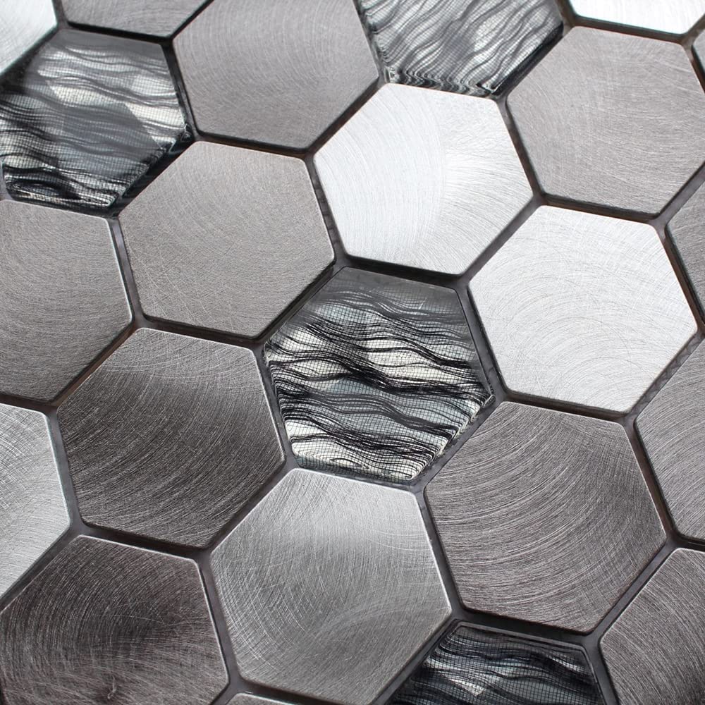Go Bathrooms Metal Grey Mosaic Tile Sheet | Hexagon Style Mosaic Tile | 300 X 300 | Bathroom Kitchen Splashback Wall | Grey Metal Glass