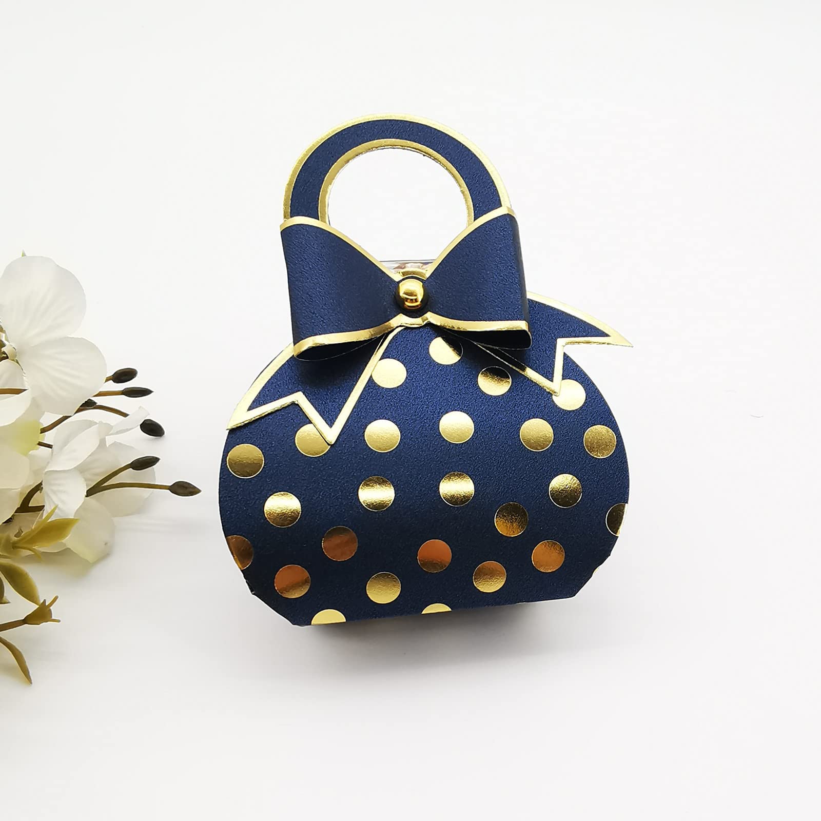 50pcs Navy Blue and Gold Bowknot Handbag with Gold Foil Dot Wedding Favor boxes Candy Box with Bow with handle for Wedding Birthday Favor Bridal