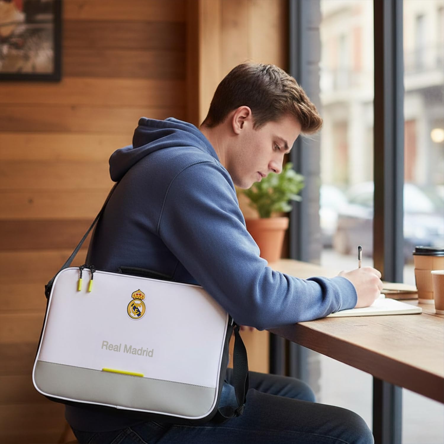 Cartera extraescolares Real Madrid equipación 25/26 para libros y material – Cartera extraescolares Real Madrid con asa para actividades y colegio
