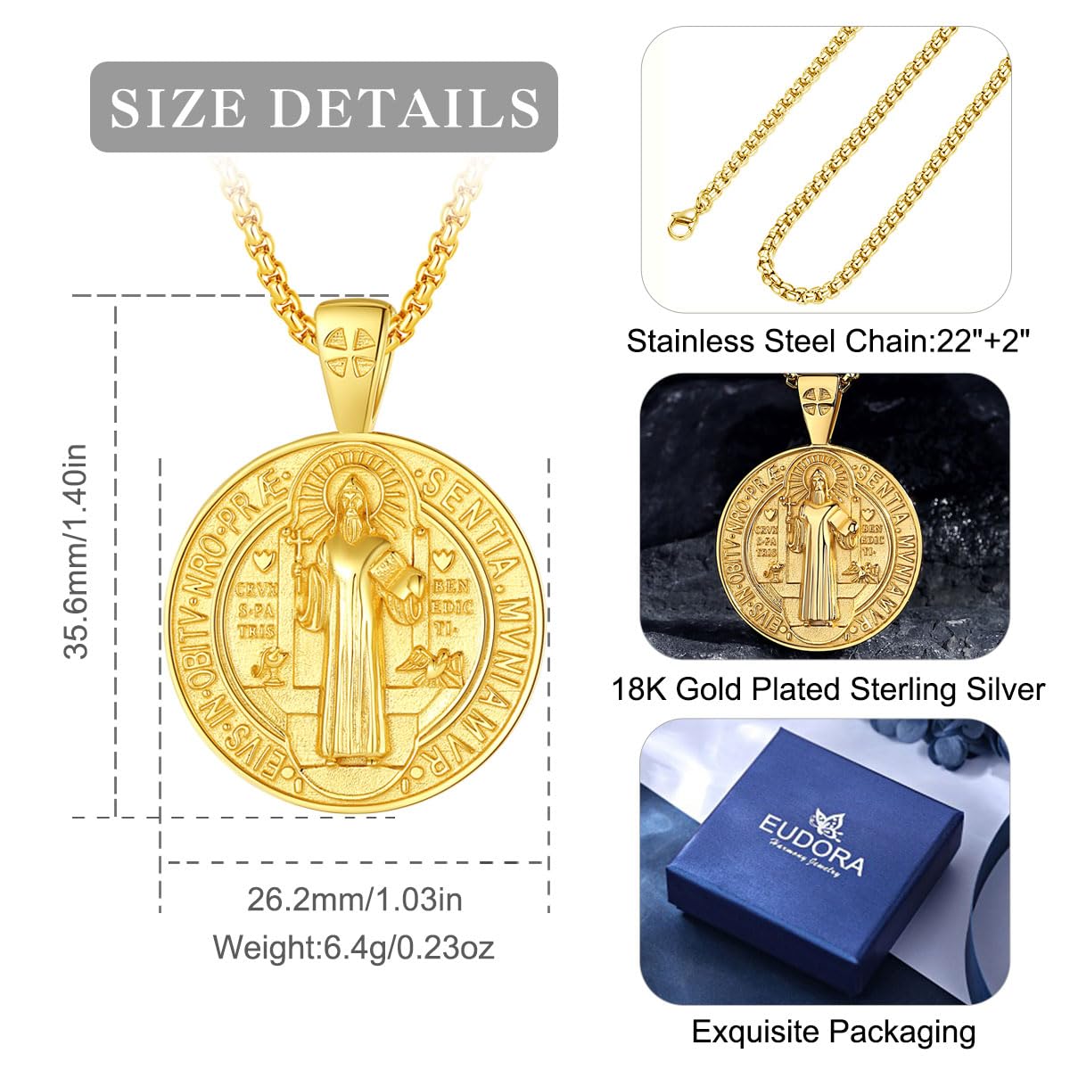 Collana con Medaglia di San Benedetto San Benito in Argento Sterling Placcato Oro 18K per Donne Uomini, Ciondolo Amuleto Gioielli Cattolici Cristiani Regali, 22+2"