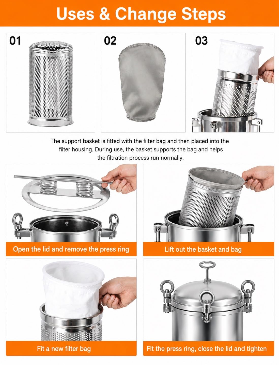 Sacchetti filtro liquidi in acciaio inox, a maglia fine, cilindrici, per vernice, olio, diesel, filtraggio dell'acqua, riutilizzabili, uso industriale, dimensione del foro 0,033 mm