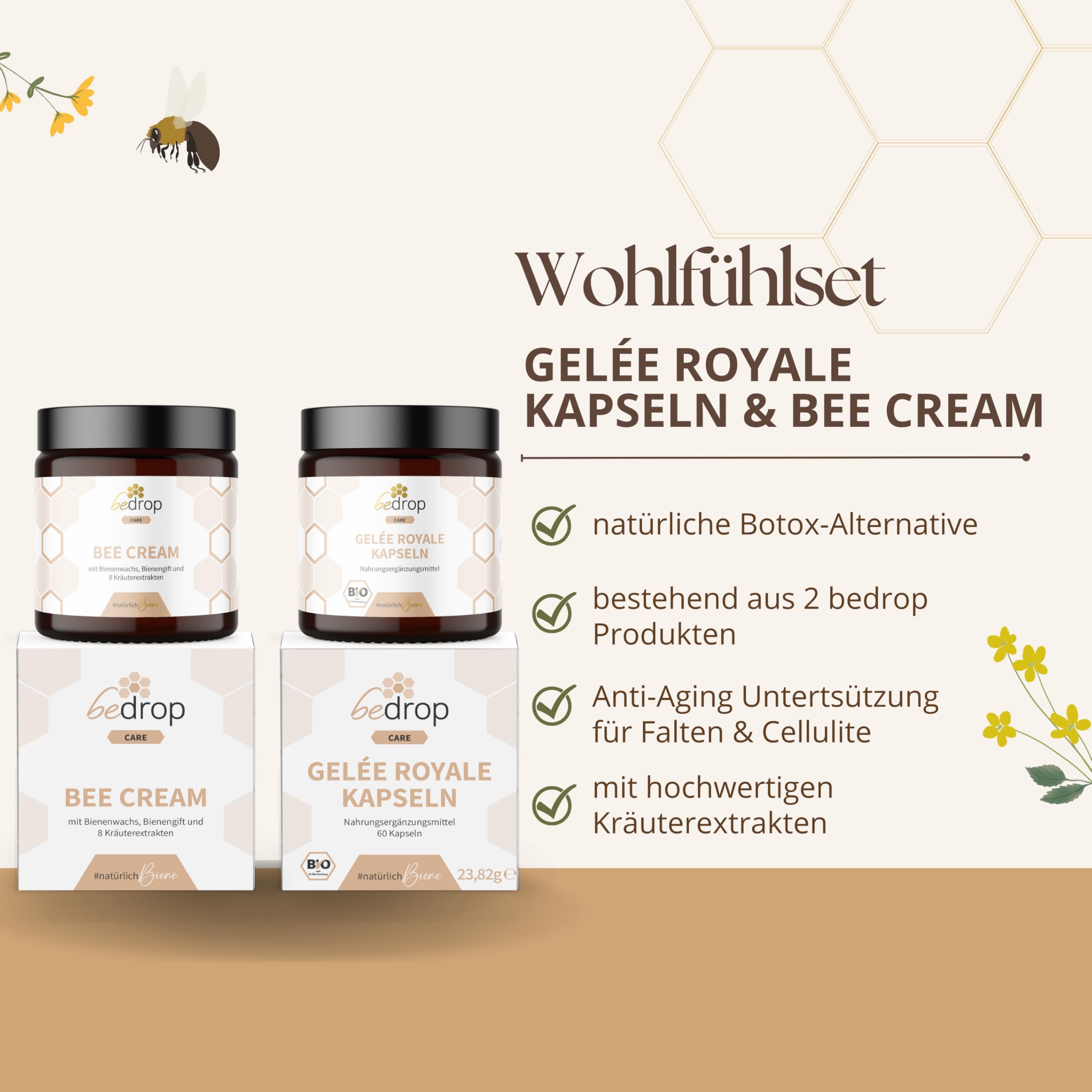 bedrop Wohlfühlset | Bee Cream (Bienengiftsalbe) 100g + Gelée Royale Kapseln 60 Kapseln, reich an Biotin, Folsäure & mehr