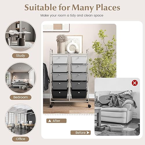 Vista 244 de LDAILY Carrito de almacenamiento con ruedas de 15 cajones, carrito rodante con cajones para aula, organizador de manualidades con ruedas con marco