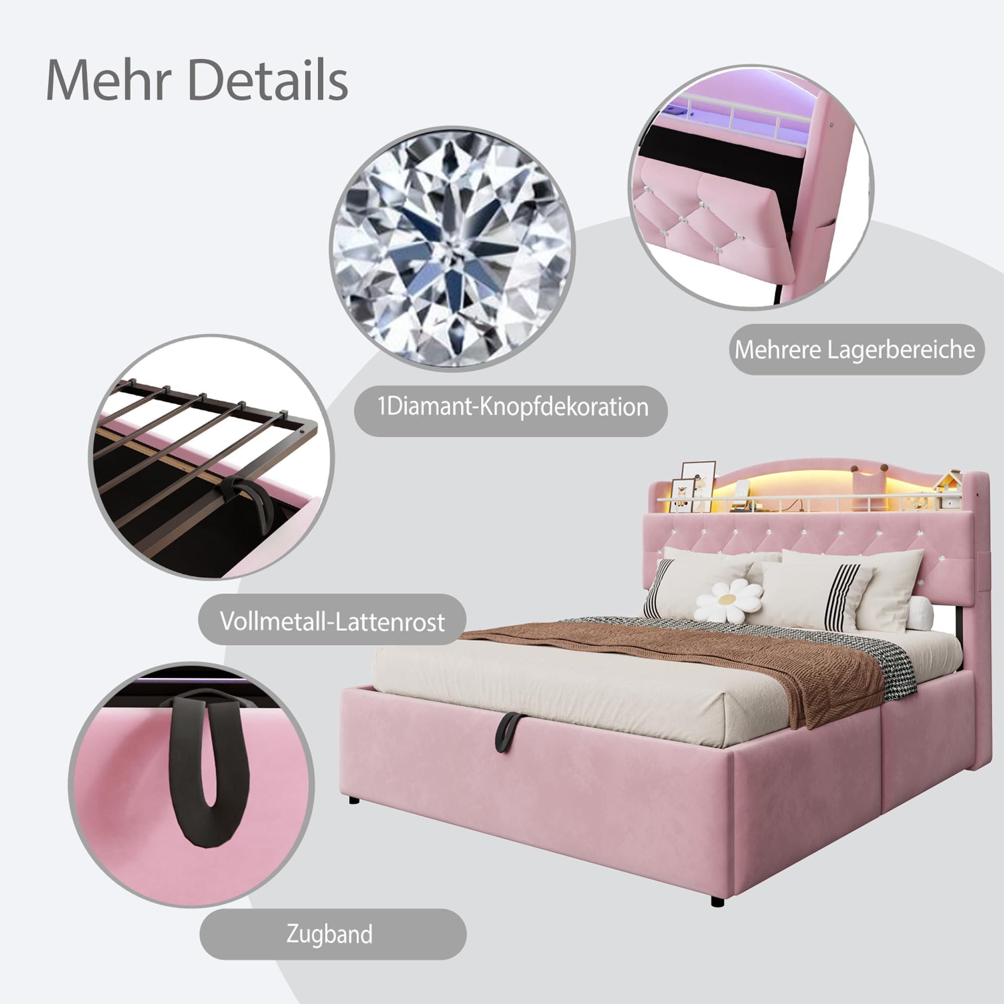Letto imbottito idraulico, letto matrimoniale con contenitore, 180 x 200 cm
