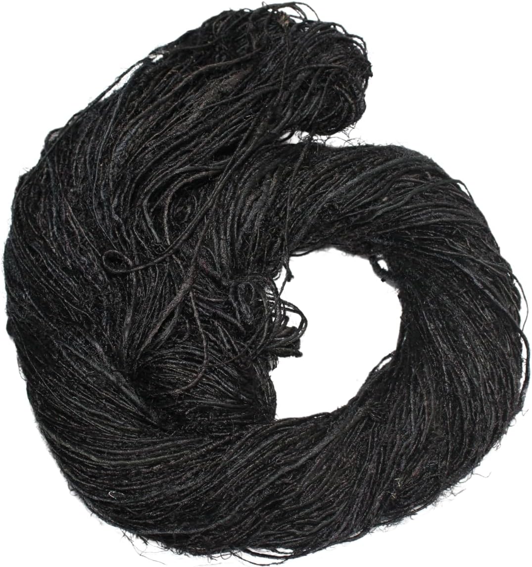 Knitsilk Premium Recycled Sari Silk Worsted Yarn(150+Yards)-Best for Knitting, Crocheting, and Jewelry Making Sustainable and Unique Texture Yarn (Black) (Pack of 2)