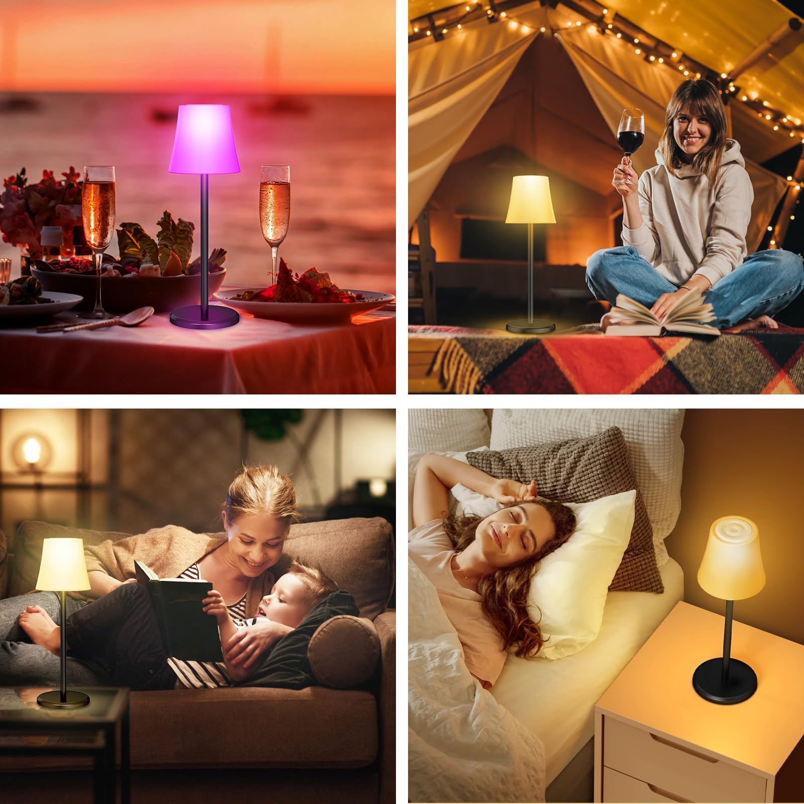 Suright Lámpara de Mesa Inalámbrica con 3 Temperaturas de Color+RGB, Lámpara de Noche Recargable Brillo Ajustable, Lámpara de Escritorio IP54 Impermeable para Restaurante, Dormitorio, Camping