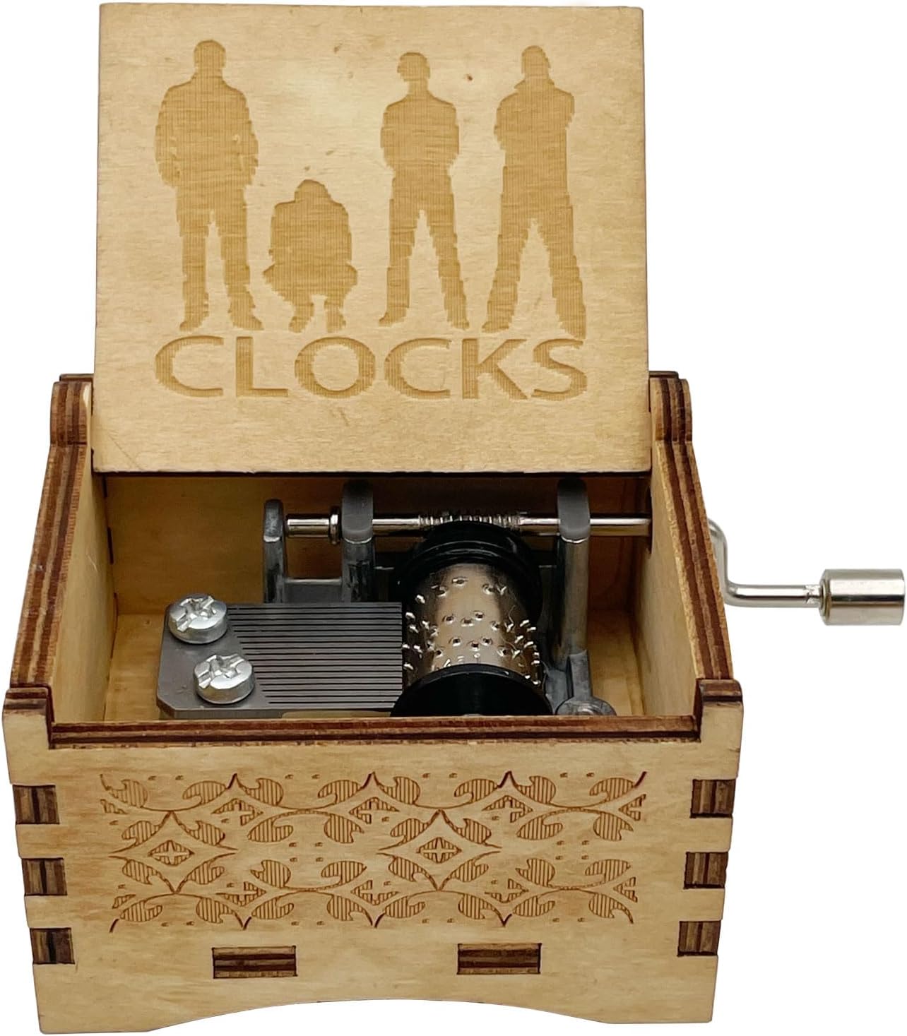 STARRUM Vintage Wooden Clocks Music Box Hands Crank Laser Design Musical Box for Men Women Birthday Christmas gifts (Clocks)