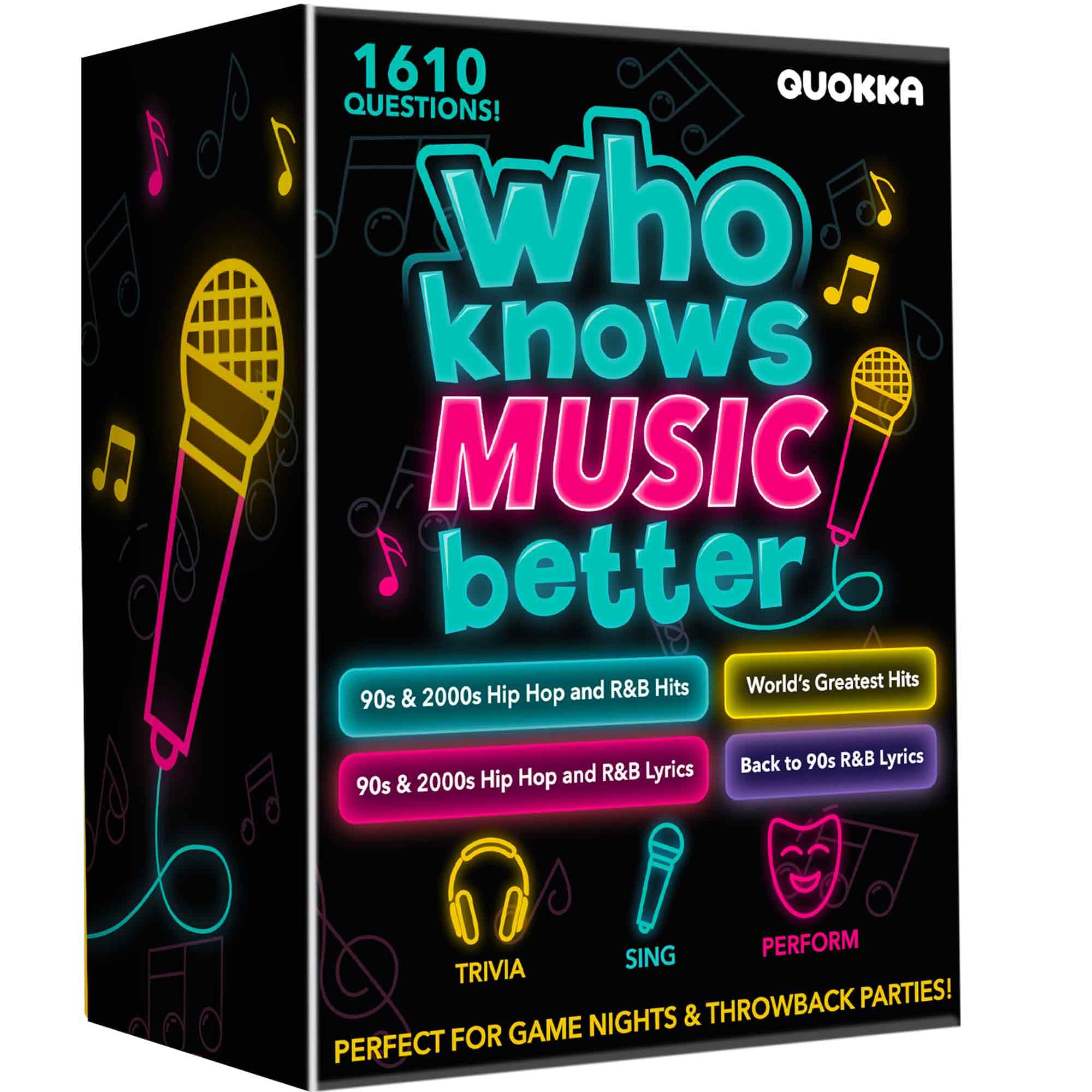 QUOKKA Who Knows Music Better? 1610 Music Trivia Questions – 4 Pack Ultimate Music Game Box – Singing, Karaoke, Party Games for Adults Families, Fun Music Challenge for 90s & 2000s Fans & Game Nights