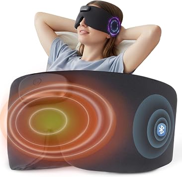 Heated Sleep Mask with Bluetooth Headphones, Cordless Rechargeable Heating Eye Mask with Adjustable Heart Timer Music, Washable Sleeping Mask with Bluetooth Headphones for Dry Eyes Blue