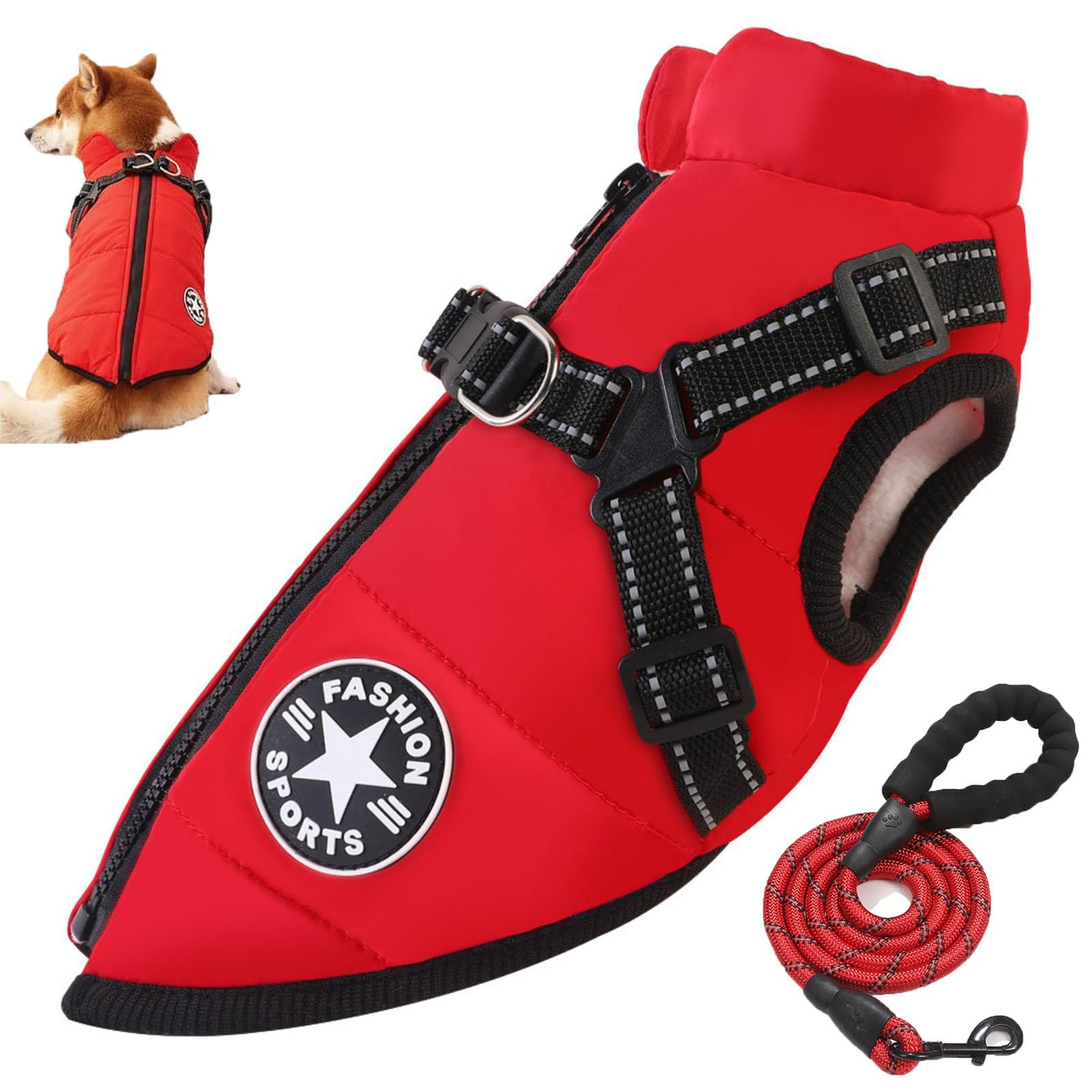 Furry King Dog Winter Coat, Furryking 3 In 1 Winter Jacket for Dogs, Dog Coat with Harness, Zippered Waterproof and Windproof Snow Jacket for Small, Medium and Large Dogs (Red,3XL)