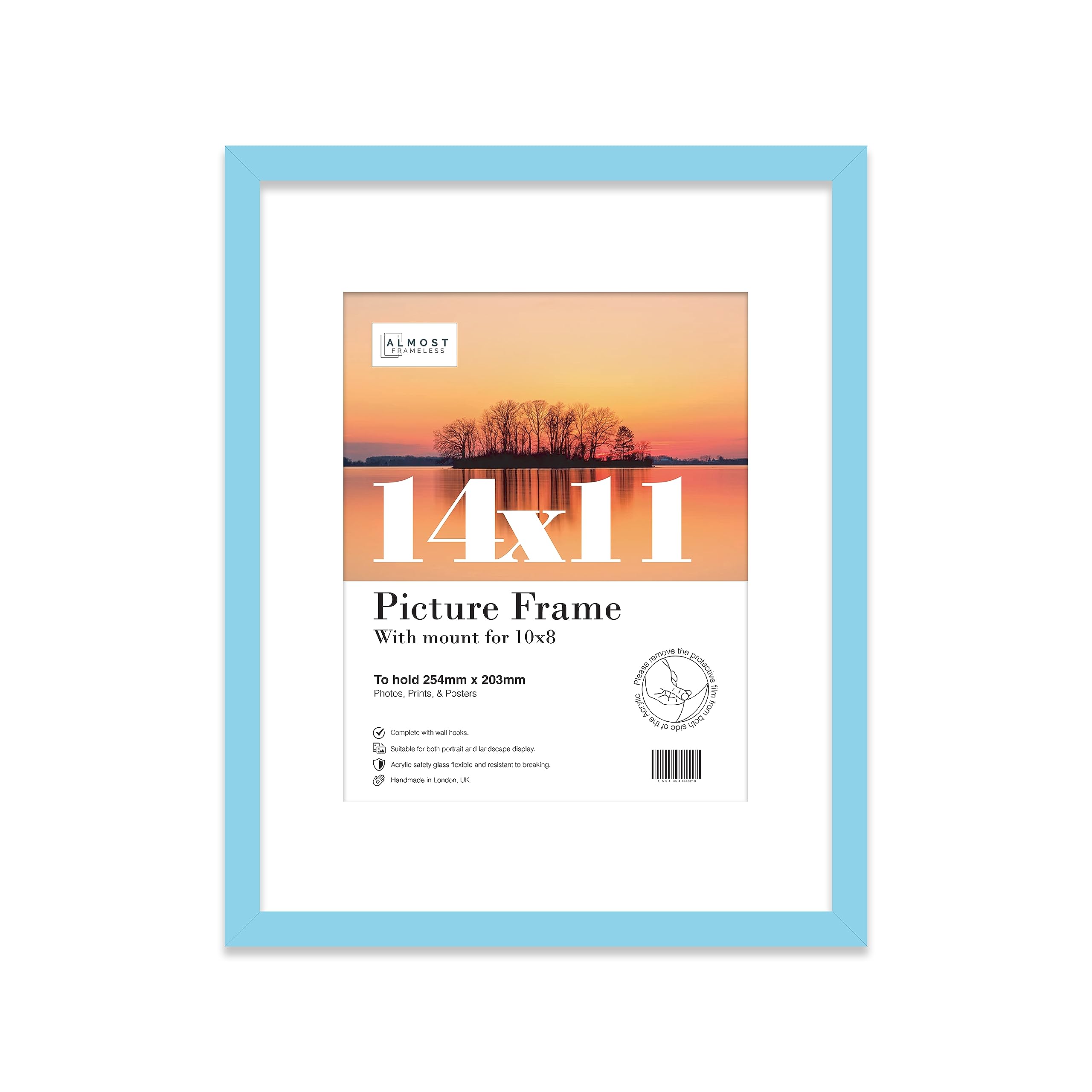 Almost Frameless 14x11 Light Blue Picture Frame With Mount for 10x8 Print, Poster or Photo Poster, Photo, Artwork, or Print. Thin Edge Slim Frame Portrait and Landscape Display with Wall Hooks