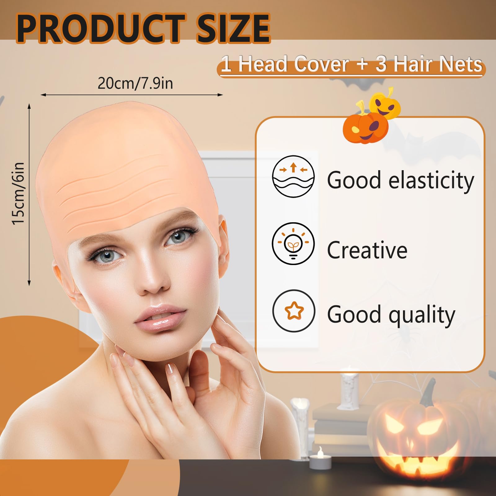 Donmnemb Latex Bald Cap with 3 PCS Nylon wig caps for women Men, Halloween makeup latex bald caps, wig grip caps for women non slip with Hairnet Halloween Cosplay Theme Party (Multicolor)