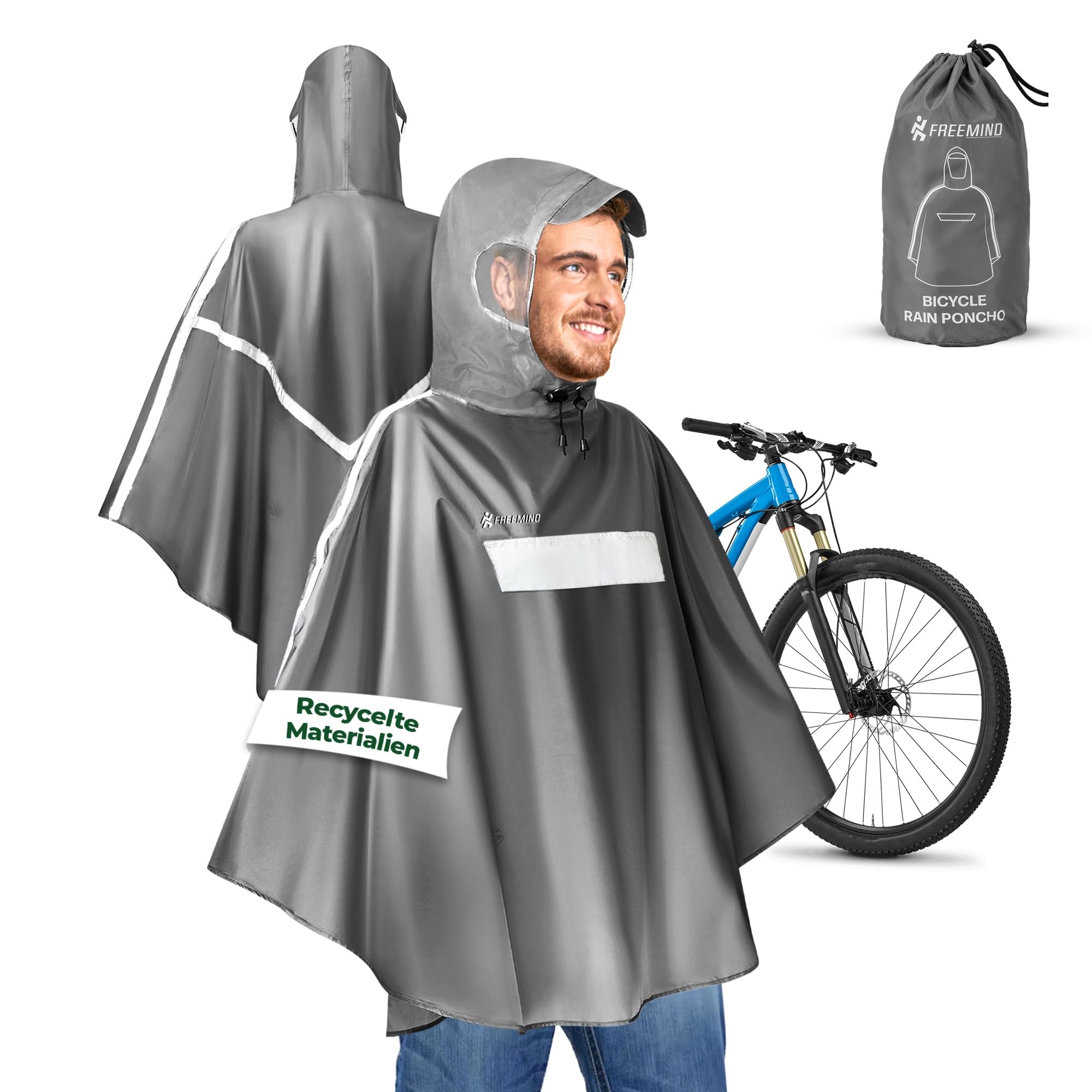 freemind Bicycle Rain Poncho Made of RPET Material – Bicycle Poncho Waterproof, Windproof, Breathable – Unisex Rain Cape with Reflector – Grey, gray, L