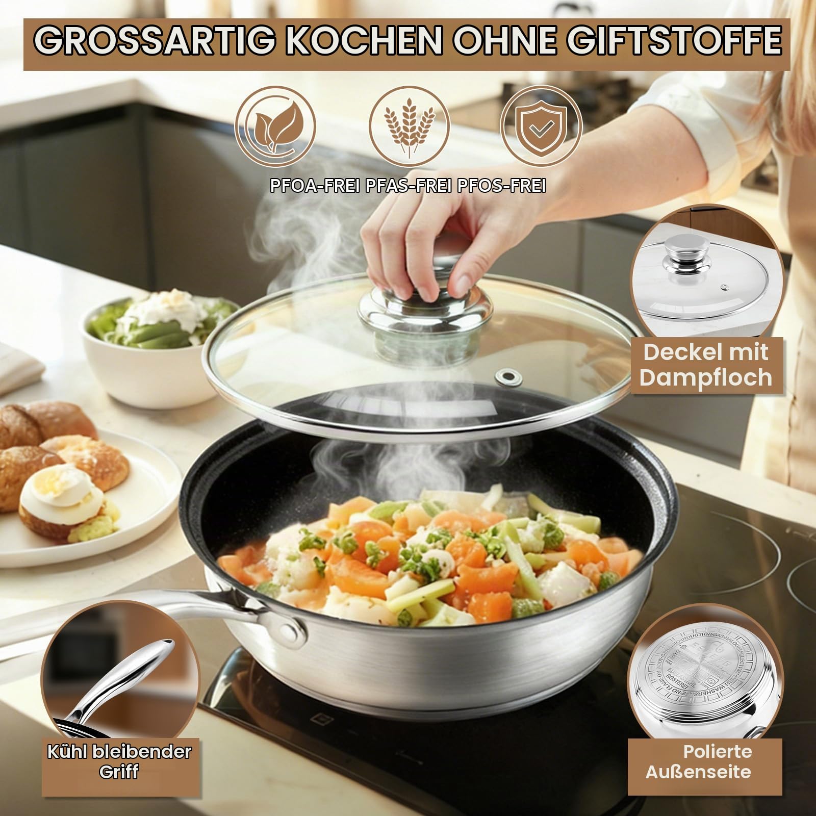 topfset induktion Edelstahl topfset pfannenset 15-teilig antihaftbeschichtet 1 Pfanne 5 Töpfe 6 Deckel 3 Küchenutensilien mit kühlhaltendem Griff Induktions- und Backofenfest Silber