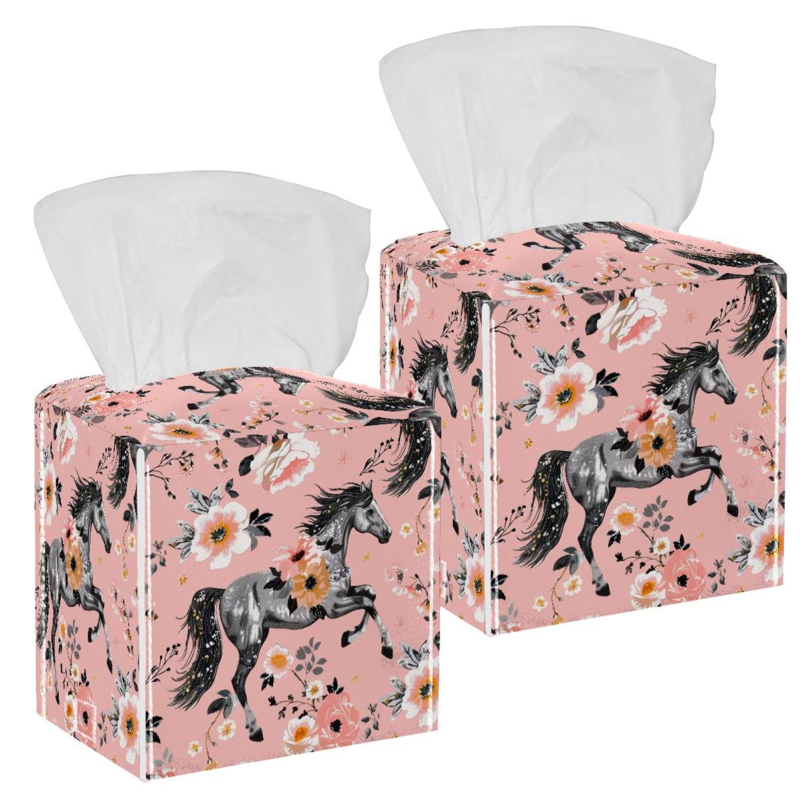 Horse Florals Tissue Box Cover, 2 Pack PU Leather Square Facial Tissue Dispenser Box holder for Home Office Car