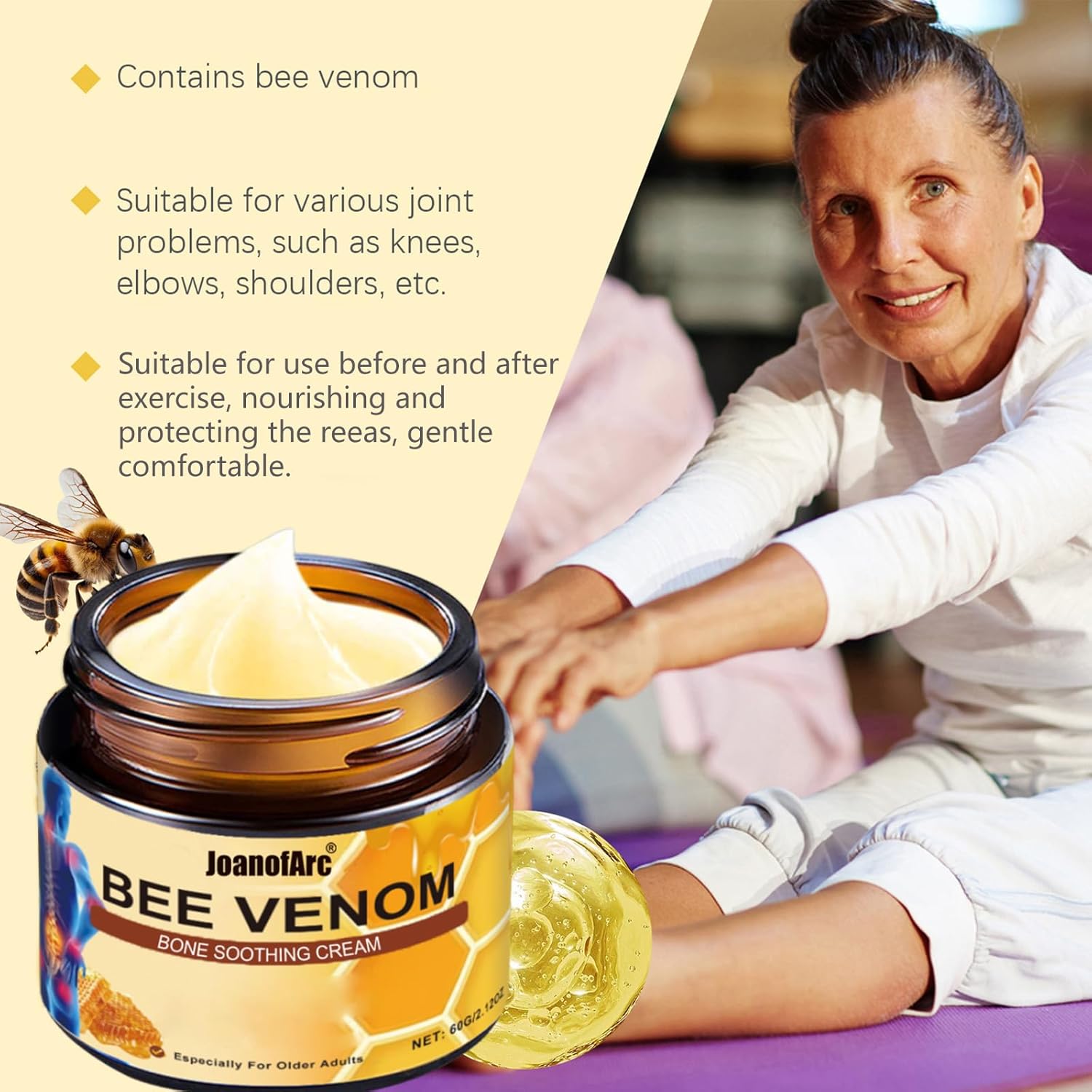 Bee Venom Joint Cream, Natural Bee Venom Skin Cream, Bee Venom Advanced Joint & Bone Cream, Suitable for Everyday Back, Waist, Neck, Hands, Knees, Light Non-Sticky for Men Women Aldult - 2.11 Oz/60g - Image 6