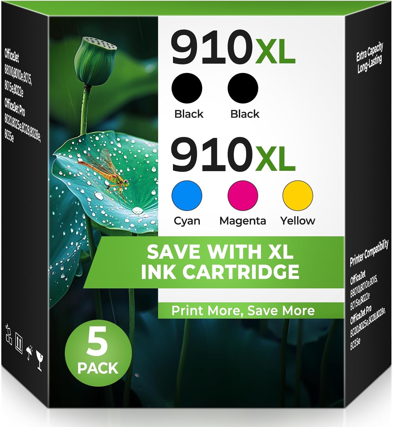 910XL 910 Ink Cartridge Compatible for HP 910 XL Ink Cartridges Combo Pack (5 Pack) Replacement HP910XL HP910 Work with Officejet Pro 8025e 8025 8028e 8028 8035e 8035 OfficeJet 8015e 8022e 8015 8022