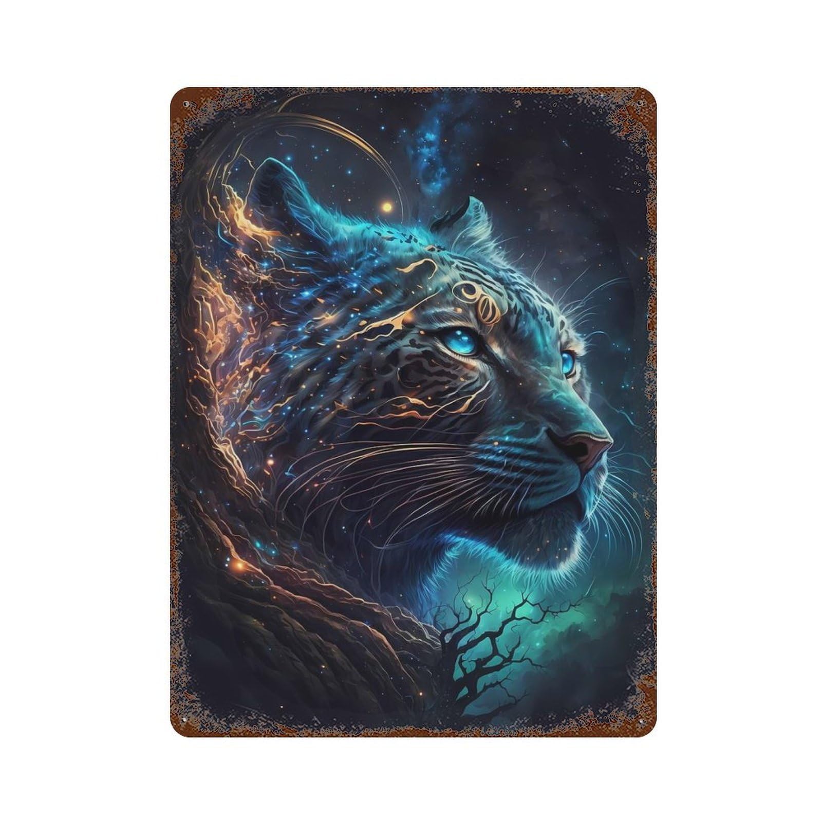 Garage Style Celestial Galaxy Tiger Vintage Rust Metal Sign 15.7"x11.8", Industrial Home Decor for Bar And Workshop
