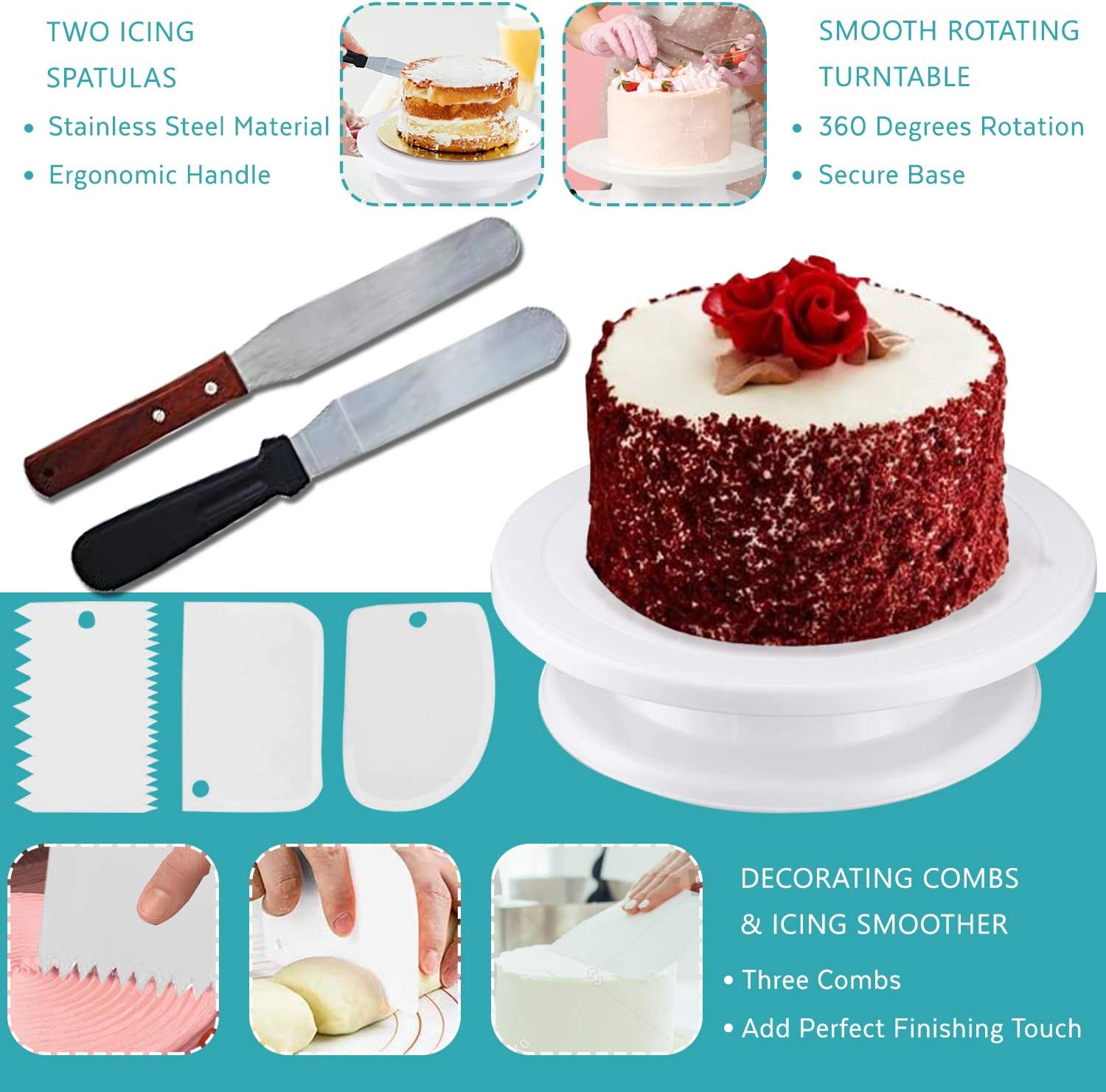 Cake Turntable with 2 Icing Spatula and 3 Icing Smoother, 11 Inch Rotating cake stand, Cake Decorating Supplies Kit, By Homeries,