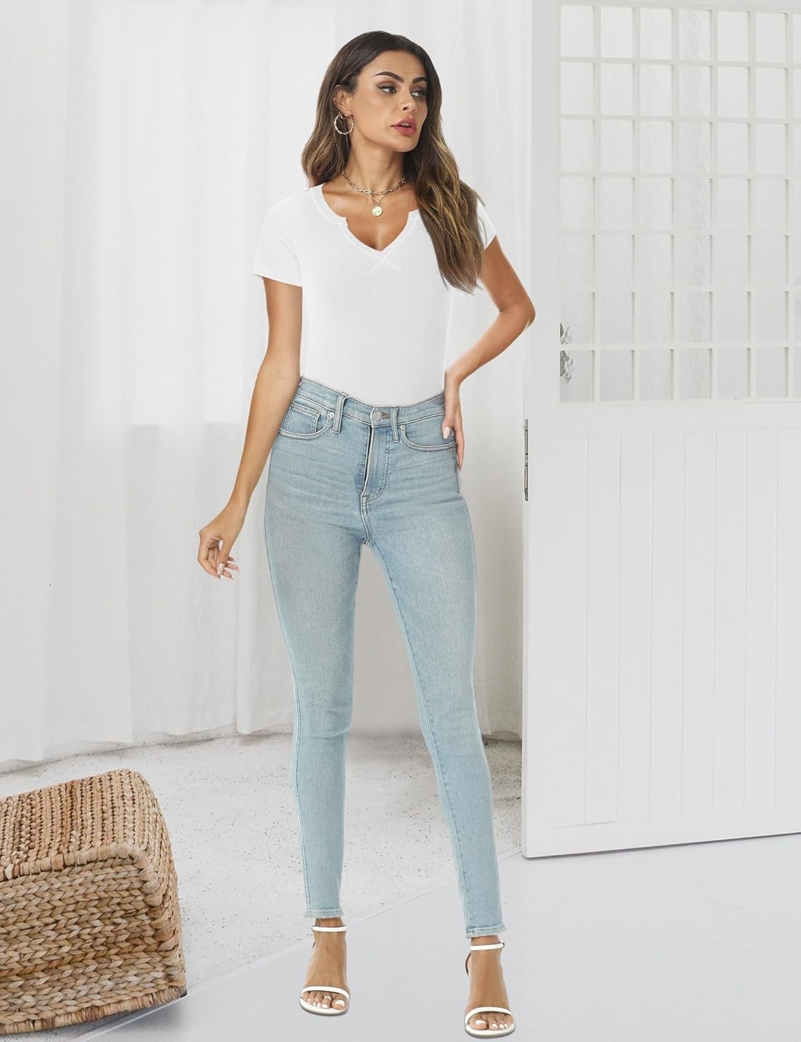 AKEWEI Women's Short Sleeve Tops Soft V Neck Ribbed Knit Shirts Basic Comfortable Clothes Tunic - Image 4