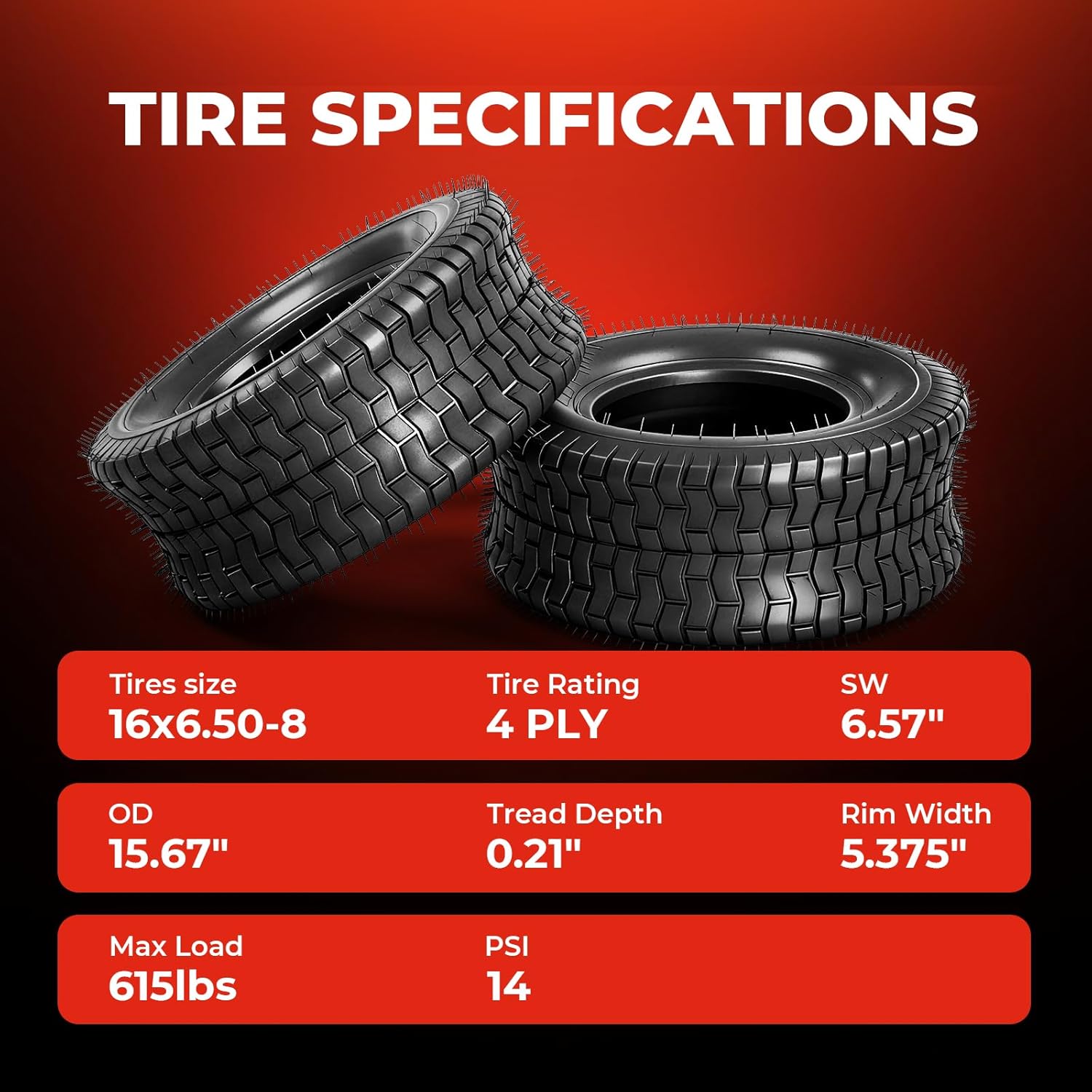 Set of 2 16x6.50-8 Lawn & Garden Mower Tires for Tractor Lawn Mower Riding Golf Carts 4Ply Tubeless