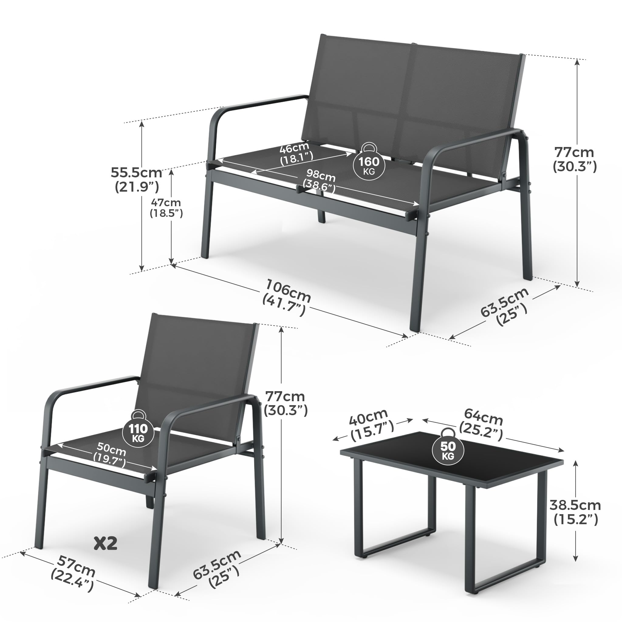 Mondeer Salon de Jardin Exterieur 4 Personnes pour Extérieurs, Gris Foncé | Mobilier de Jardin 4 pièces avec 2 Places 2 fauteuils 1 Table Basse, Métal et Textilène, pour Terrasse Balcon