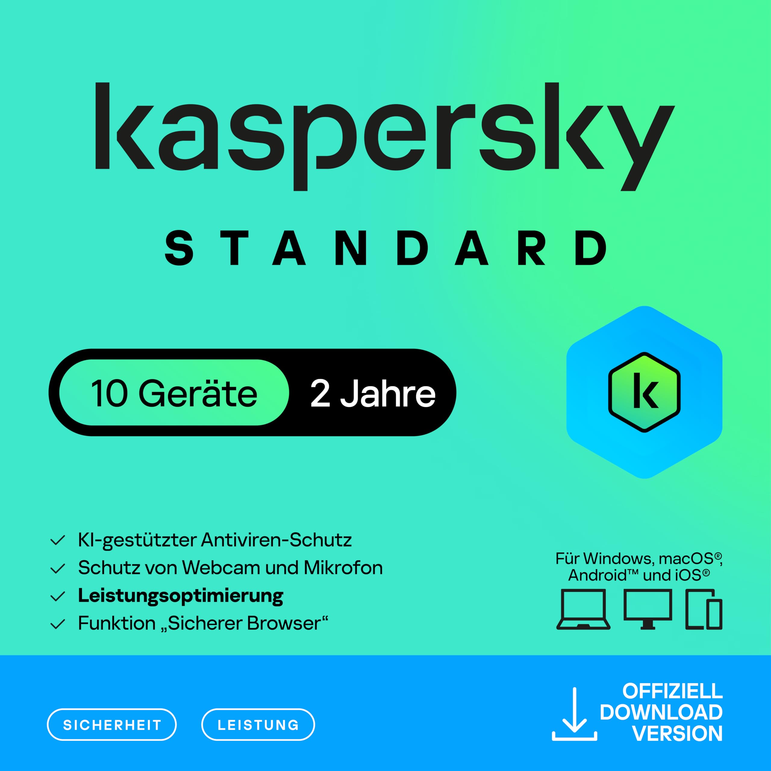 Kaspersky Standard Anti-Virus 2026 | 10 Geräte | 2 Jahre | Umfassender Schutz | Online-Banking Schutz | Leistungsoptimierung | PC/Mac/Mobile | Aktivierungscode per Email