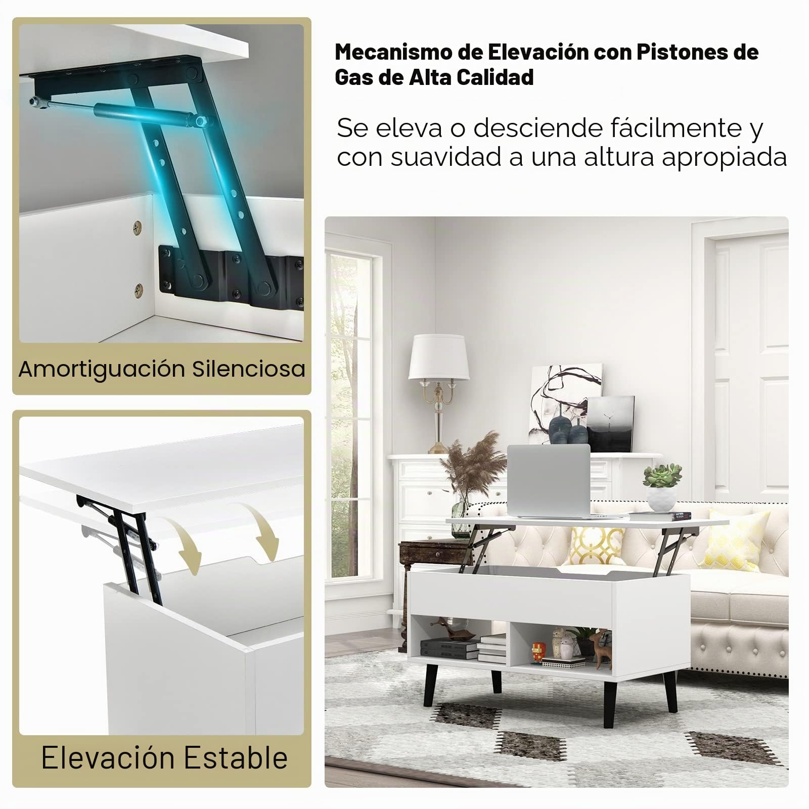 GOPLUS Mesa Baja elevable para Bar de Gas con Bandeja elevable, Mesa Baja con 1 Compartimento Oculto y 2 estantes Abiertos, Patas de Madera para salón, Dormitorio (Blanco)
