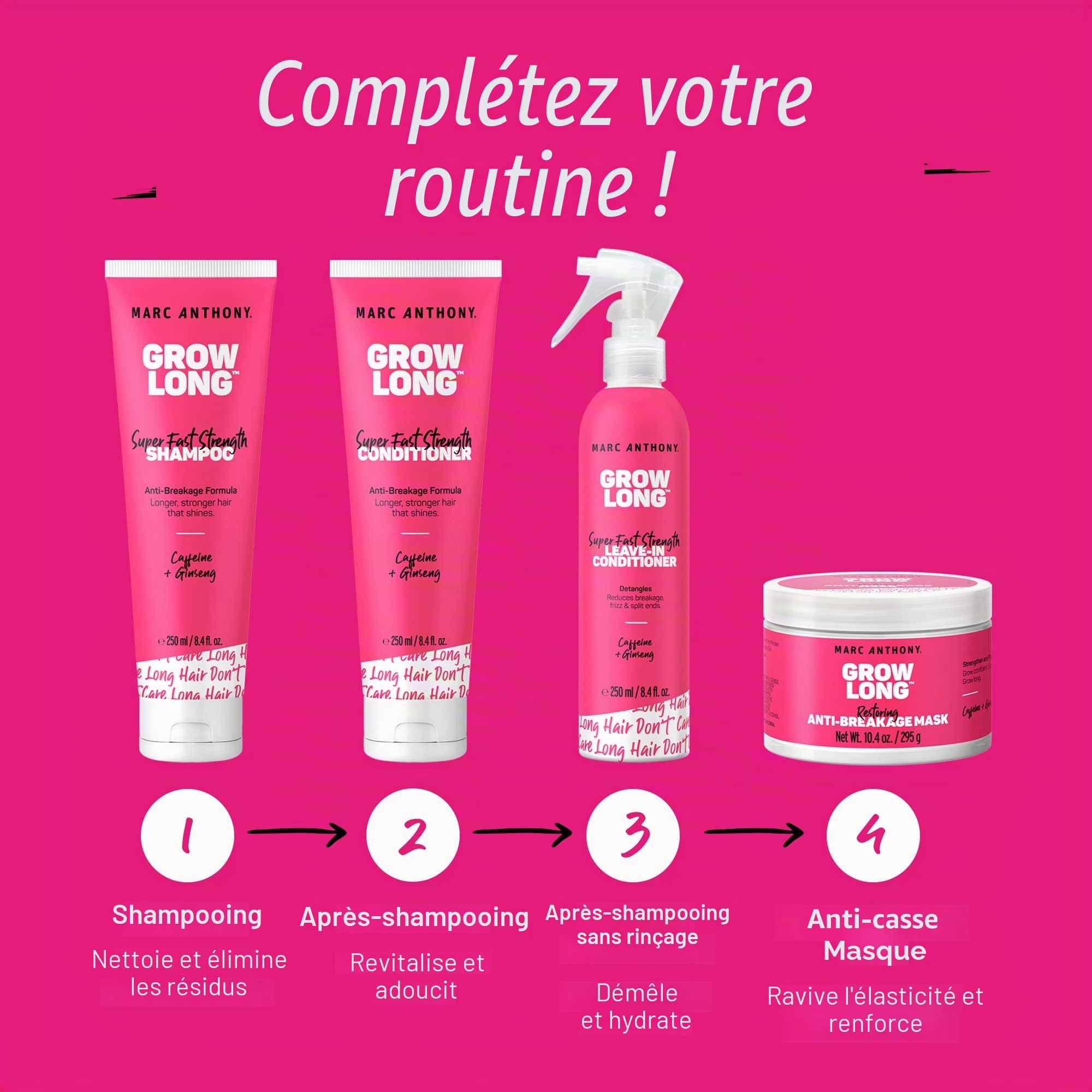 Marc Anthony Shampoing et après-shampoing - Grow Long Biotine - Après-shampoing profond anti-frisottis pour pointes fendues et rupture - Vitamine E, caféine et ginseng pour cheveux bouclés, secs et