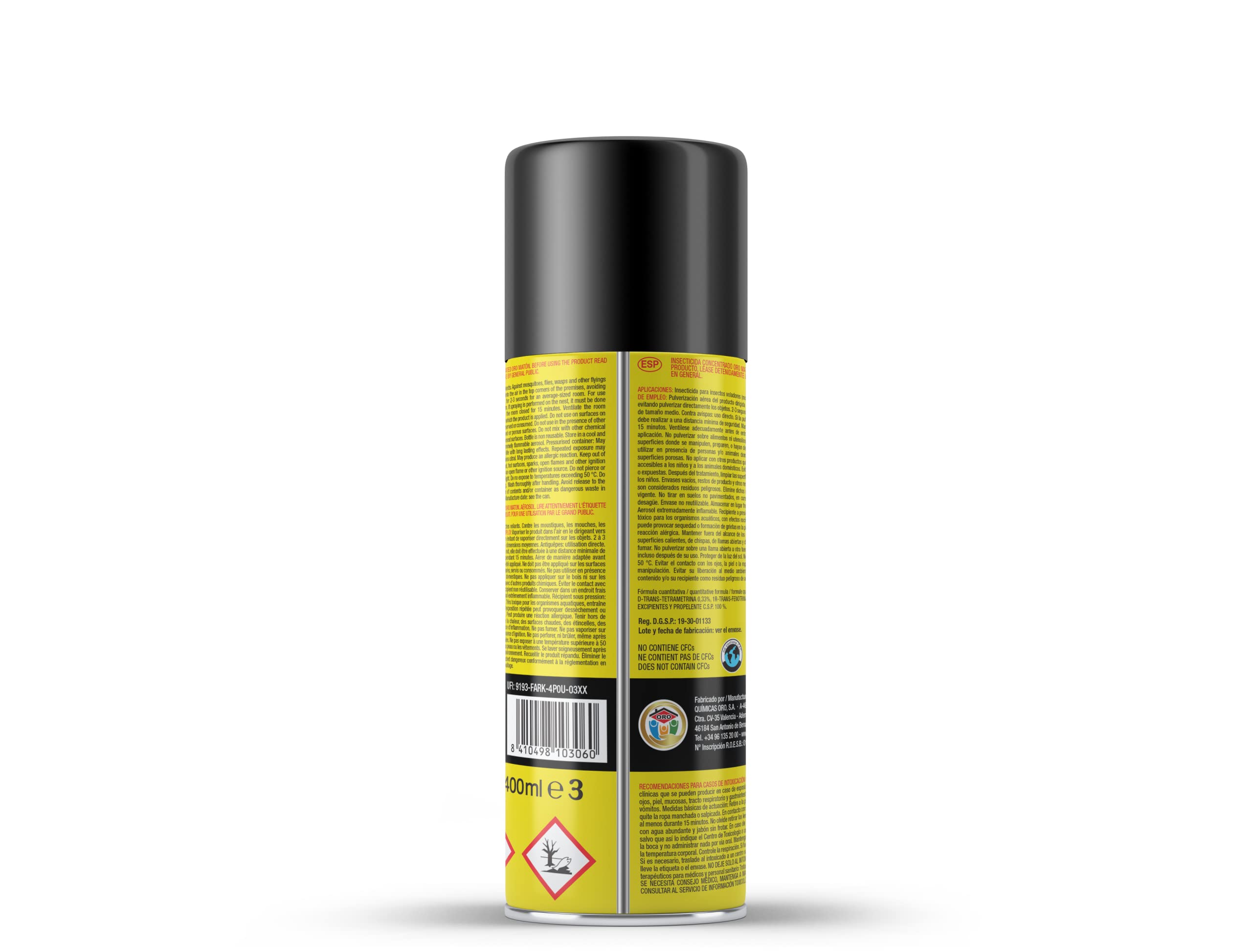 ORO INSECTICIDA Efectivo contra Avispas, Avispones, Avisperos, Avispa Asiática (Velutina). Insecticida Concentrado. Eficacia Instantánea. Pulveriza seguro. Alcance 4metros. 400mL