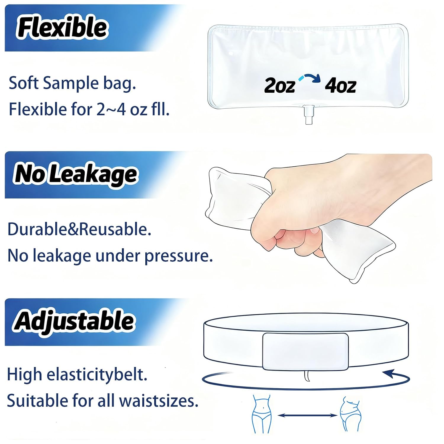 Urine Test Kit with Hidden Belt, Refillable 2-4 oz Sample Bag | Refillable Urine Storage Bag, Adjustable Hidden Belt, Leak-Resistant Design, Silicone Funnel, 10 Temperature Strips