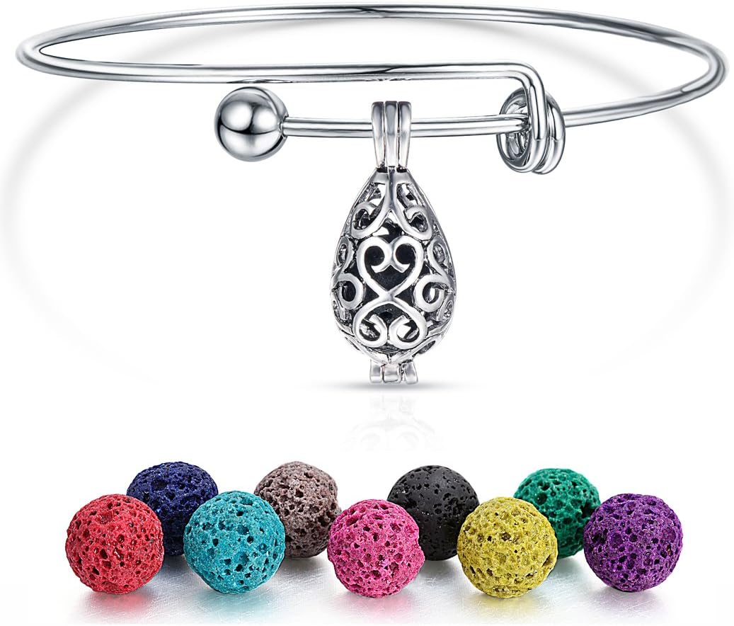 Droplet Aromatherapy Essential Oil Diffuser Bracelet Cage Locket Pendant Expandable Wire Bangle with Lava Beads
