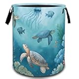 VODRM Sea Turtle Ocean Animal Coral Laundry Basket, Dirty Collapsible Clothes Toy Organizer Hamper for Kids Adults, Oxford Cloth Waterproof Storage Bin for Bathroom Coastal Decor Gifts, 19.7