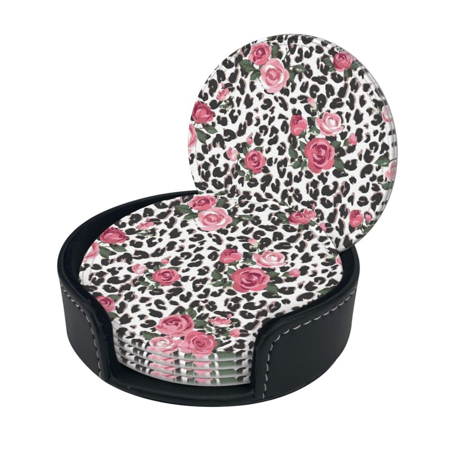 Lklddpzb White Pink Cute Rose Mix Leopard Pattern Print Round Leather Coasters - Set Of 6, Ultra-Fiber Pu Leather