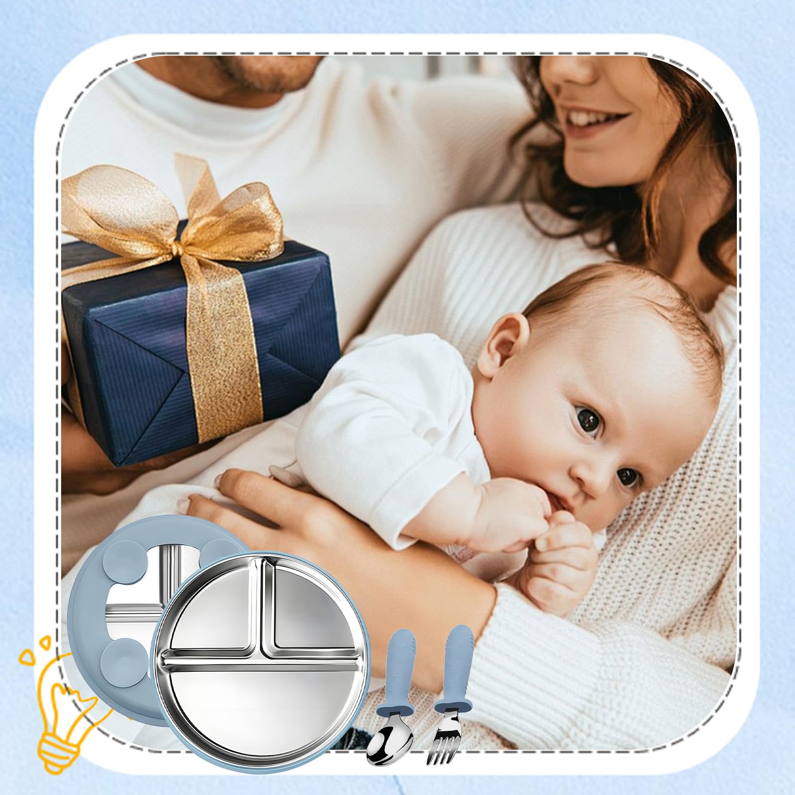 Set d'Assiettes Compartimentées pour Bébé – Assiettes en Acier Inoxydable avec Ventouse en Silicone, Couverts Bébé, Vaisselle Enfant pour Repas Sans Débordement, Sans BPA – Inclut Cuillère & Fourchett