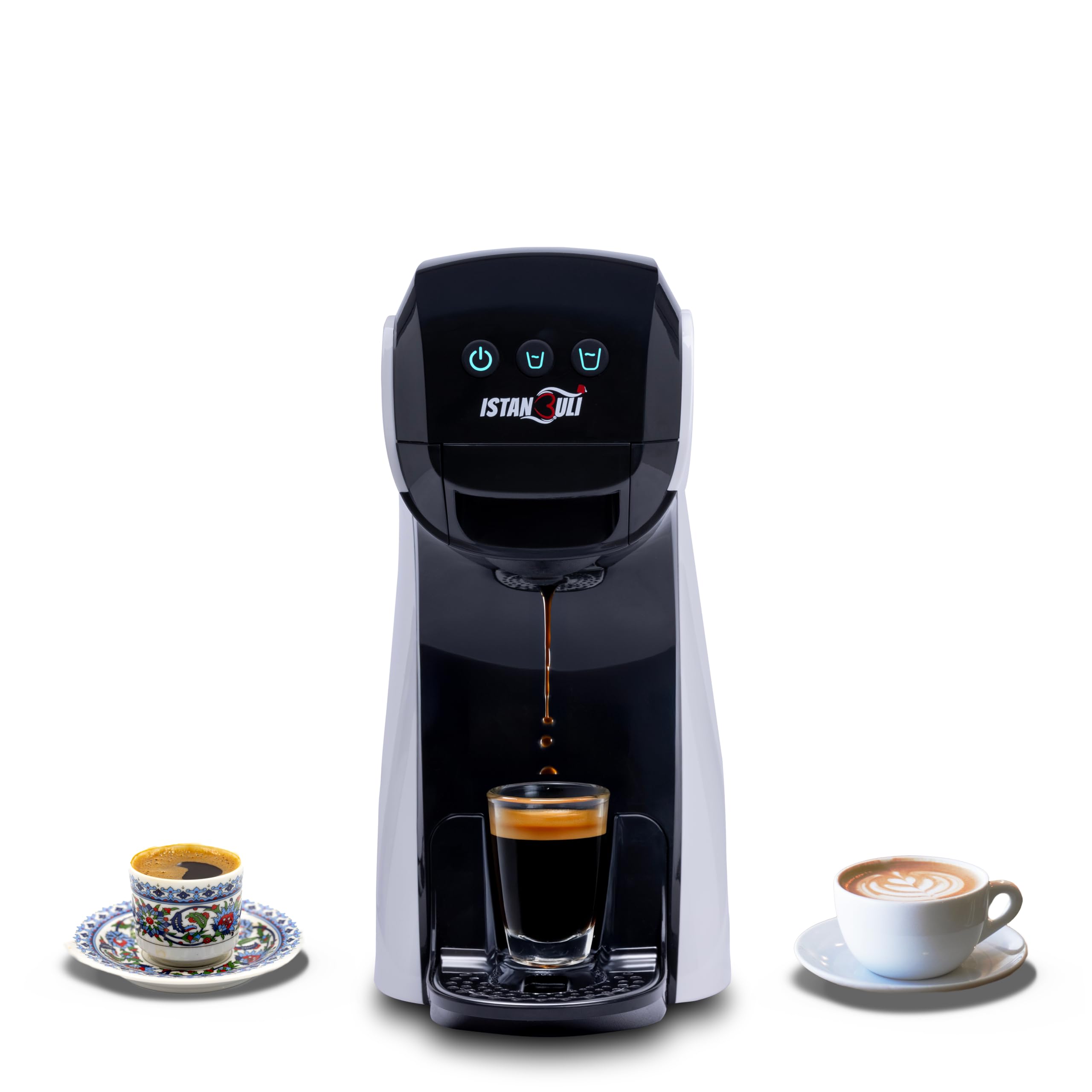 İSTANBULİ3-in-1 pod coffee maker – compatible with nespresso CAPSULES, dolce gusto CAPSULES, espresso, and turkish coffee powder, with a 19-bar pressure pump for rich crema and velvety foam
