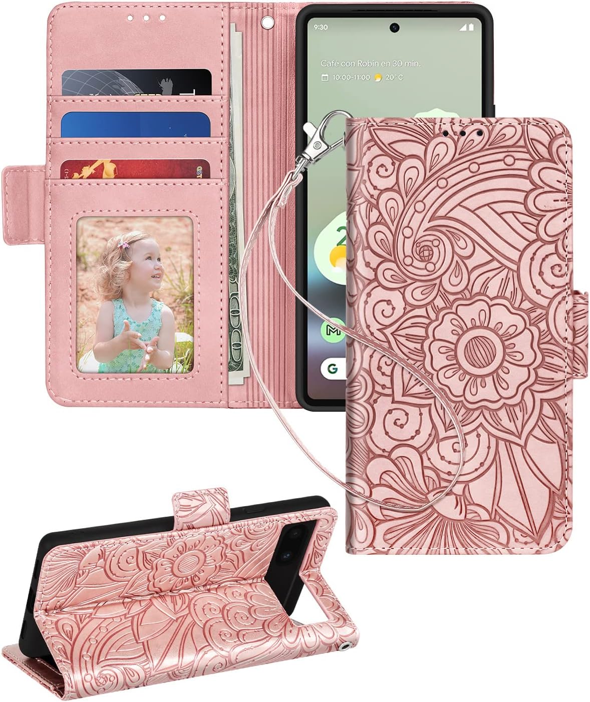 Petocase for Google Pixel 6A Wallet Case,Embossed Mandala Floral Leather Folio Flip Wristlet Shockproof Protective ID Credit Card Slots Holder Cover for Google Pixel 6A 5G Rose Gold