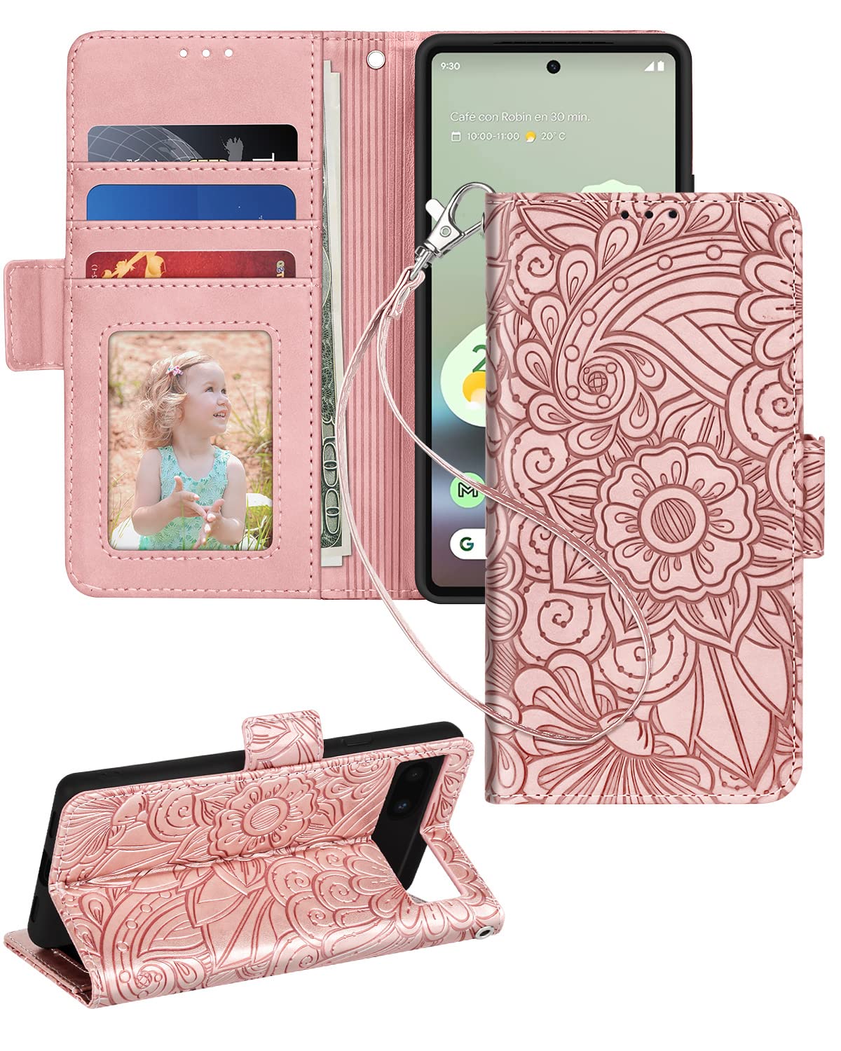 Petocase for Google Pixel 6A Wallet Case,Embossed Mandala Floral Leather Folio Flip Wristlet Shockproof Protective ID Credit Card Slots Holder Cover for Google Pixel 6A 5G Rose Gold