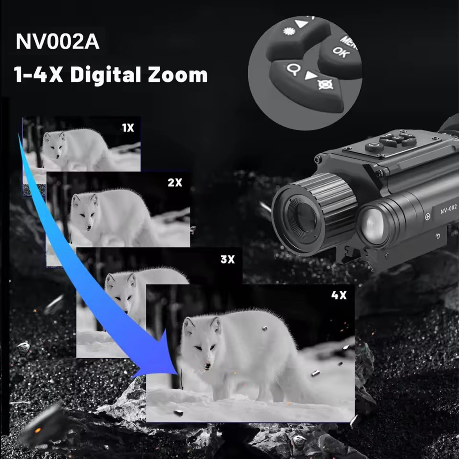 Luneta noktowizyjna, Cyfrowy monokular noktowizyjny na podczerwień do polowań, Powiększenie 1X-4X, Iluminator IR 850nm, Zapisz zdjęcia i filmy
