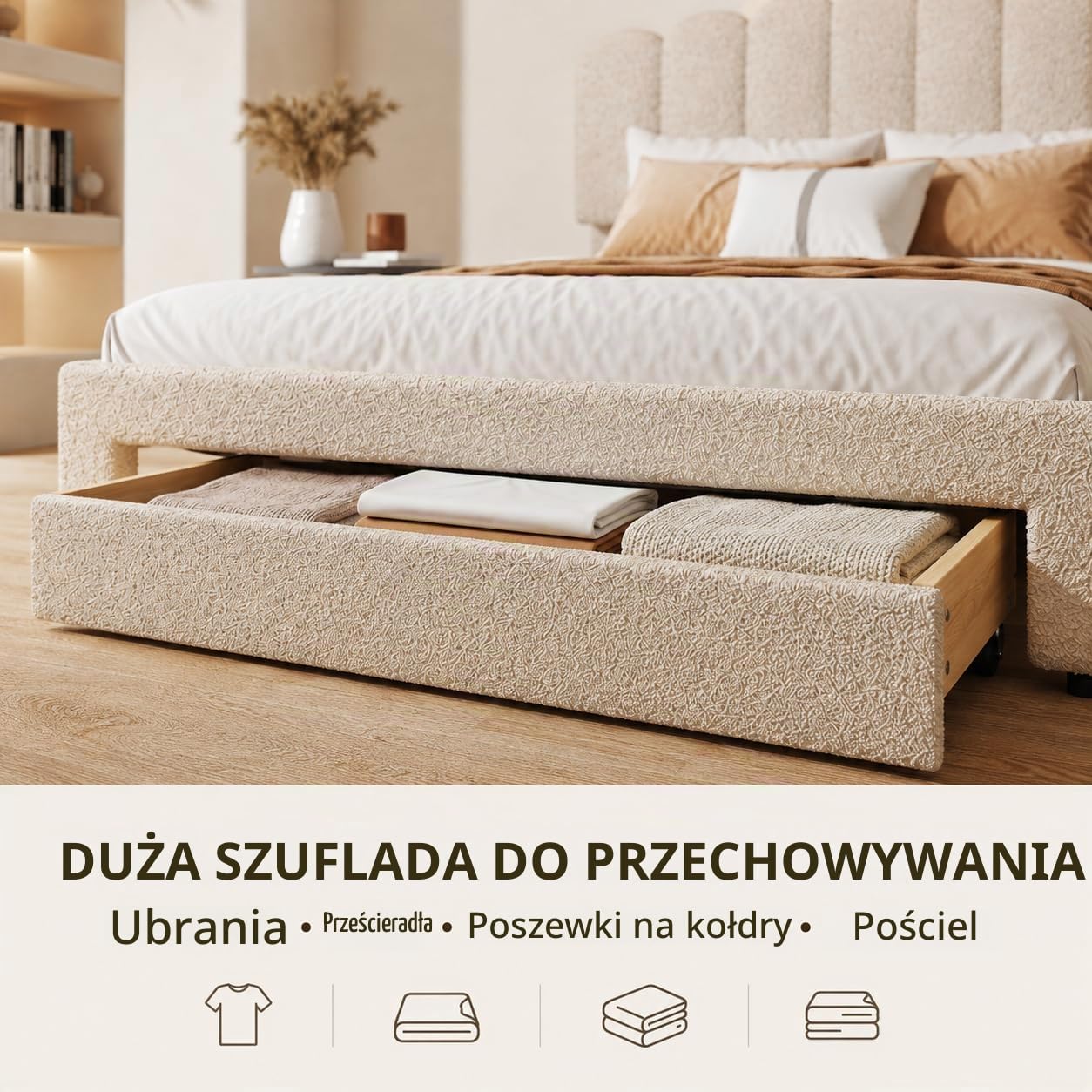 Łóżko tapicerowane 140 x 200 cm, z szufladą do przechowywania, podwójną ramą łóżka i gniazdem USB, zagłówek z regulacją wysokości, łóżko dziewczęce, łóżko księżniczki, aksamitne Teddy, beżowe (140 x
