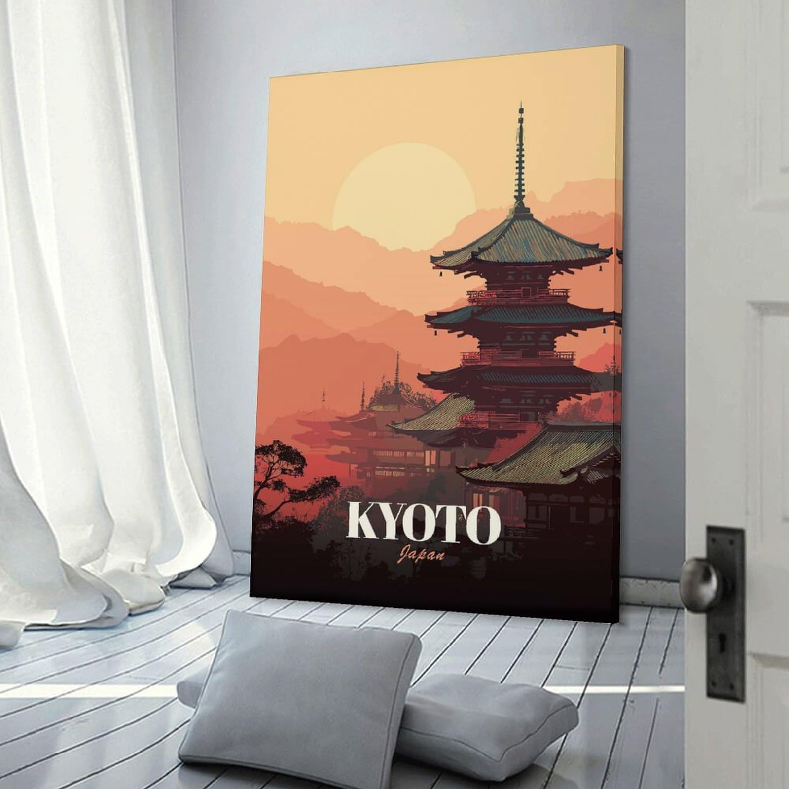 Junmoney Kyoto Japan Pagoda Sunset Art Hanging Wall Art, 24x36inch(60x90cm), for Living Room, Bedroom, Office Or Hallway, Decorative Artwork with Broad Appeal