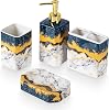 4 Piece Bathroom Accessories Set - Blue Bathroom Accessory Sets includes Lotion Dispenser, Toothbrush Holder Tumbler, and Soap Dish - Glossy Finish Marble, Blue