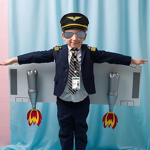 Miniatura 7 de Conjunto de accesorios de disfraz de piloto para niños con sombrero de aviador, lentes de sol, alfiler de corbata para aviación de Halloween